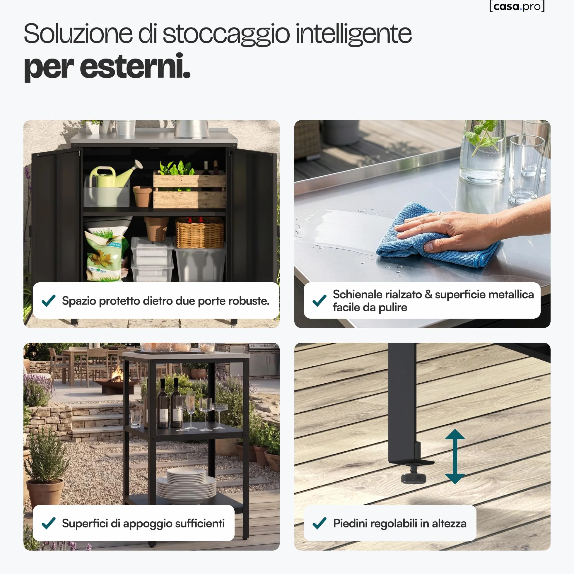 casa.pro Set di Mobili Organizzatori da Esterno Composto di Armadio da Giardino e Bancone in Acciaio con Ripiani Piedini Regolabili per Livellare - Grigio/Nero Opaco