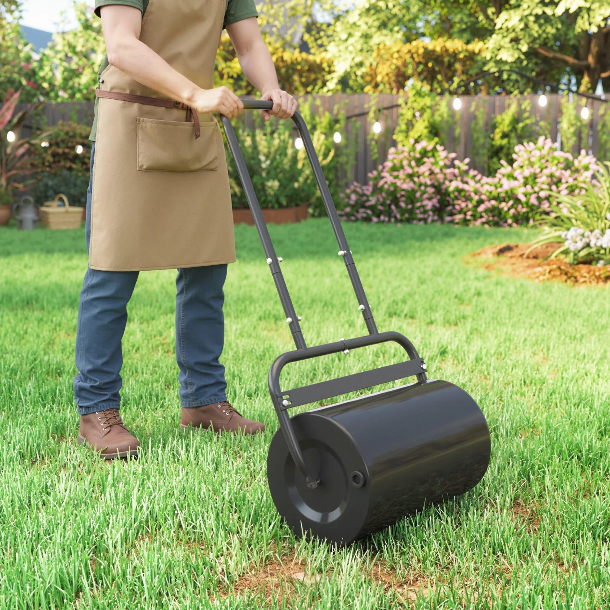 Outsunny Rullo da Giardino Φ32x50cm in Metallo Impermeabile Nero, Serbatoio Fino 38 Litri (Acqua o Sabbia)