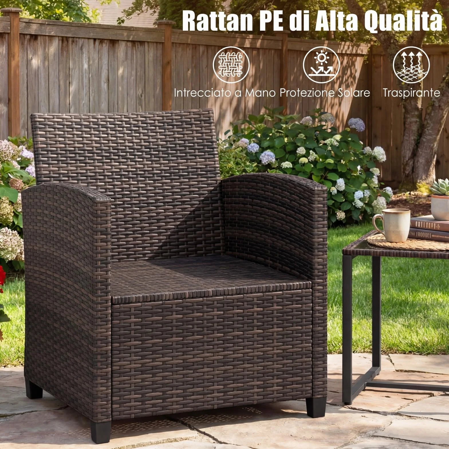 COSTWAY Set Mobili da Giardino 3 Pezzi, Salotto da Esterno in Rattan PE con Cuscini Sfoderabili, Tavolino in Vetro Temperato Beige