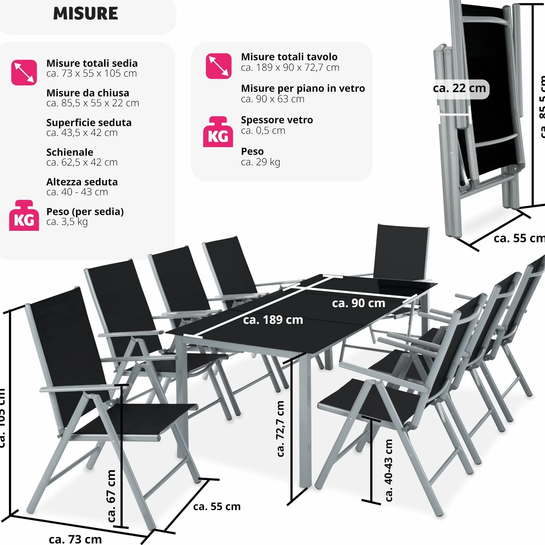 Tectake Set mobili da giardino tavolo massiccio con lastra di vetro di sicurezza telaio alluminio 8 sedie confortevoli grigio chiaro