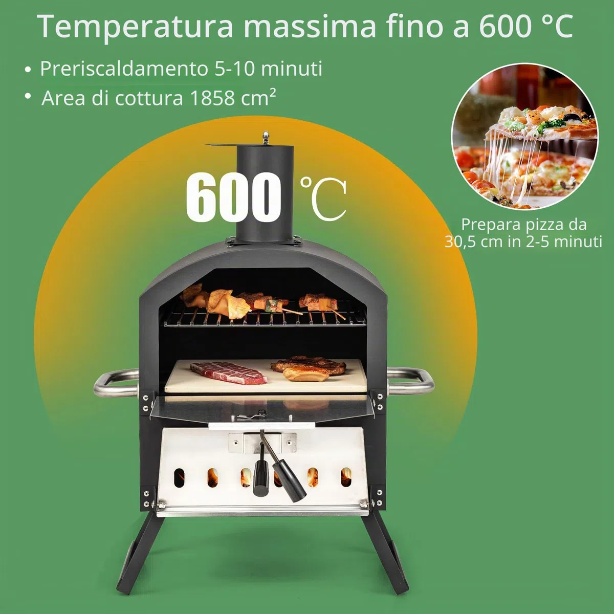 KOMFOTTEU Forno per pizza aperto per esterni 600°C, Acciaio inossidabile portatile 2 sezioni