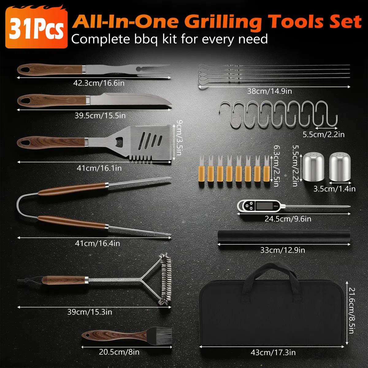 31Pcs Kit Barbecue Professionale, Set Barbecue Accessori in Acciaio Inox, Attrezzi BBQ Utensili Cucina con Spazzola per Barbecue e Termometro per Carne per Campeggio, Picnic e Barbecue all'Aperto