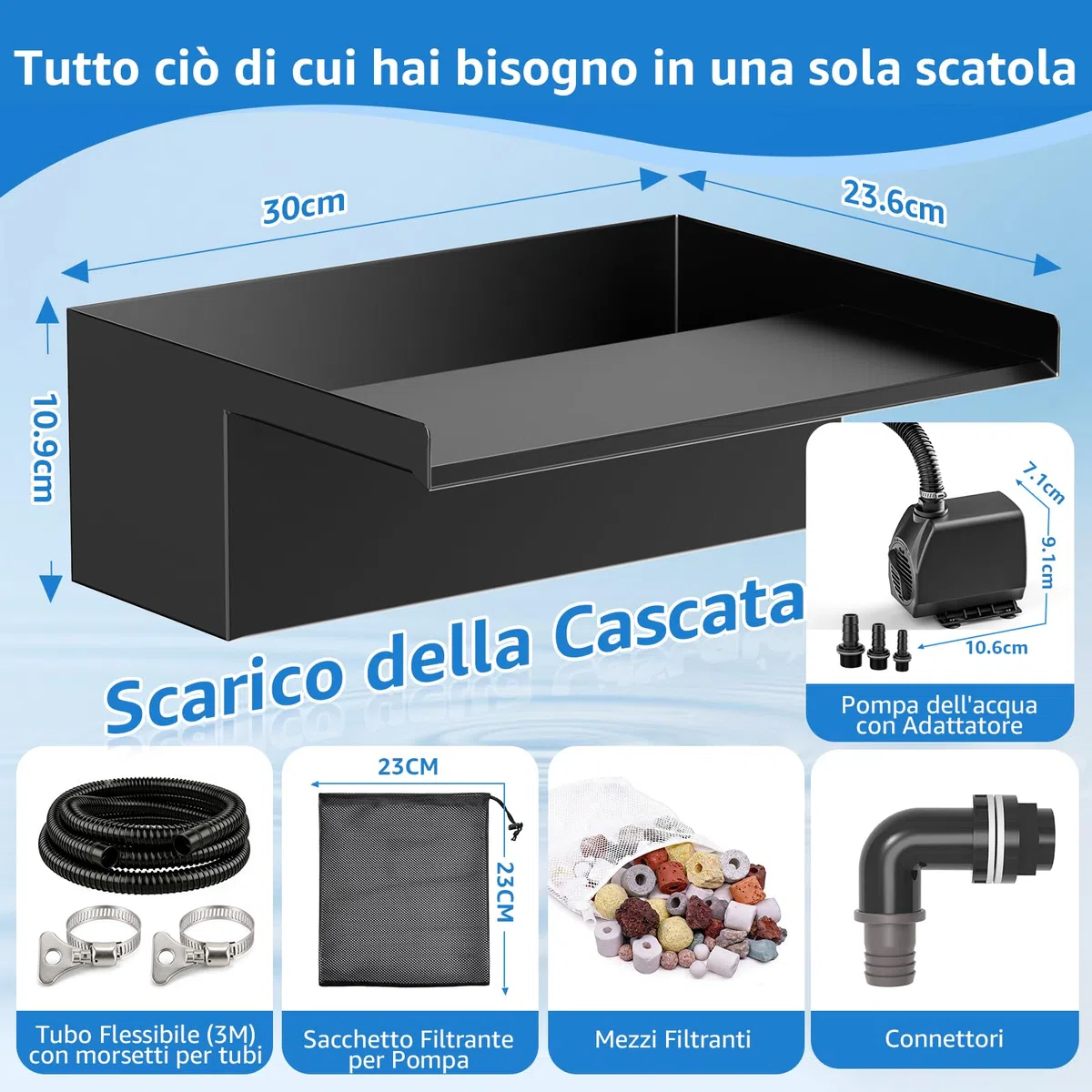 Kit Cascata per Laghetto Esterno 30 cm: Versatore Cascata in Acciaio Inox 304 con Pompa 2500 L/h, Tubo Antigelo 4 m e Cavo 4 m – Set Completo per Fontana a Cascata per Giardino e Piscina
