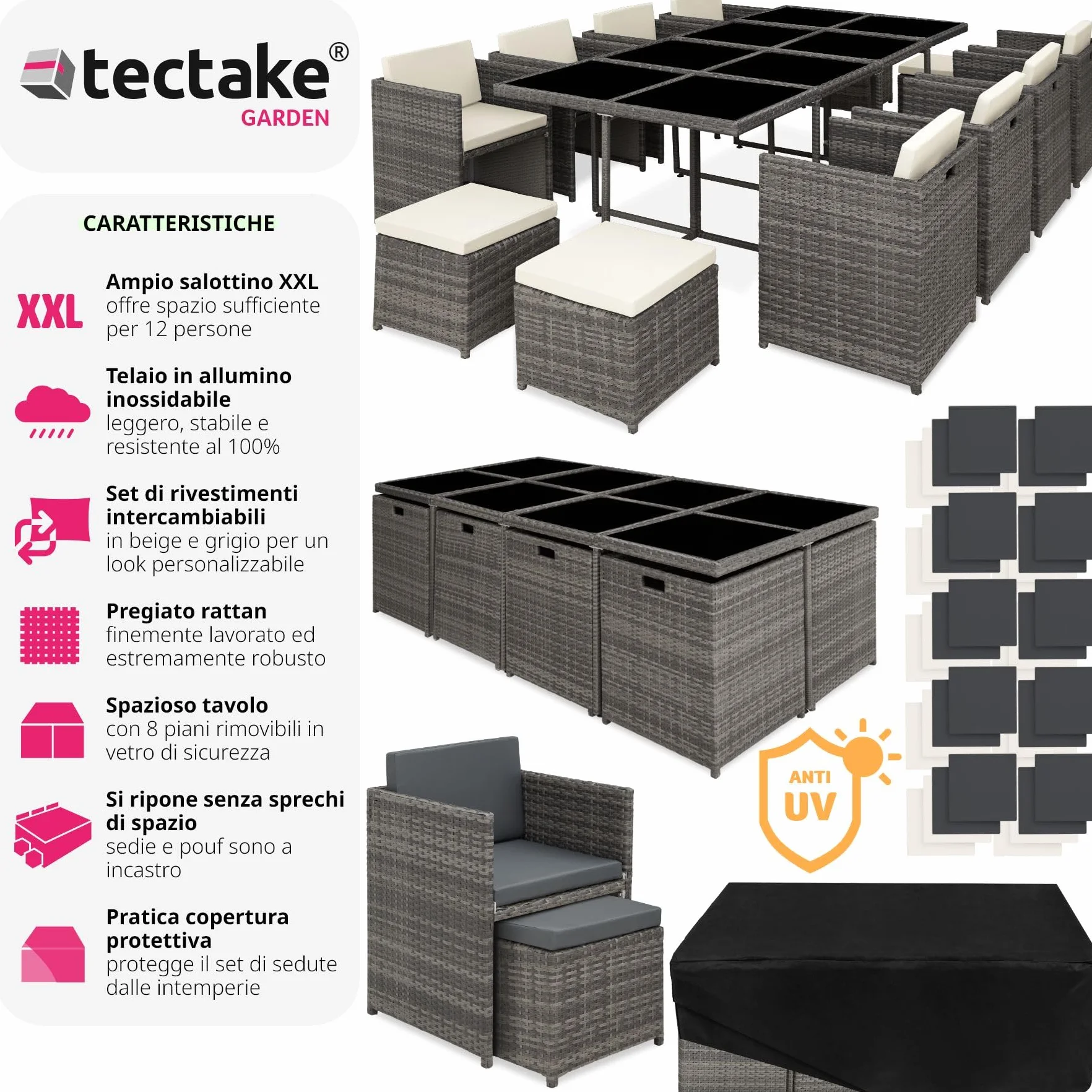 Tectake Set Mobili da Giardino in Poli Rattan 8 Sedie 1 Tavolo 4 Sgabelli Rivestimenti Rimovibili Idrorepellenti Grigio