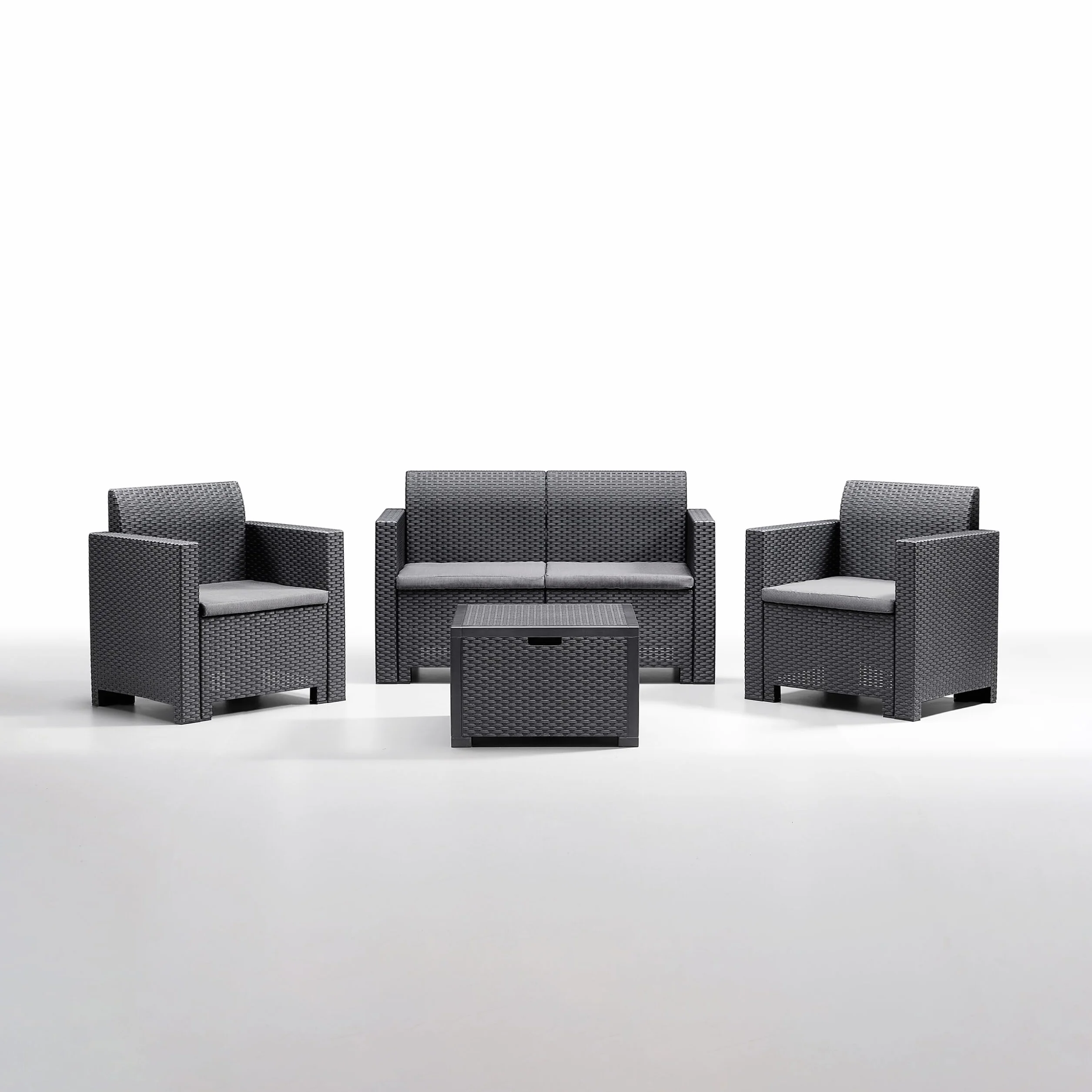 Generico Bica - Salottino Lounge da Giardino in Polipropilene – Set 4 Pezzi con Tavolino Contenitore e Cuscini – Eleganza e Comfort per i Tuoi Spazi Esterni