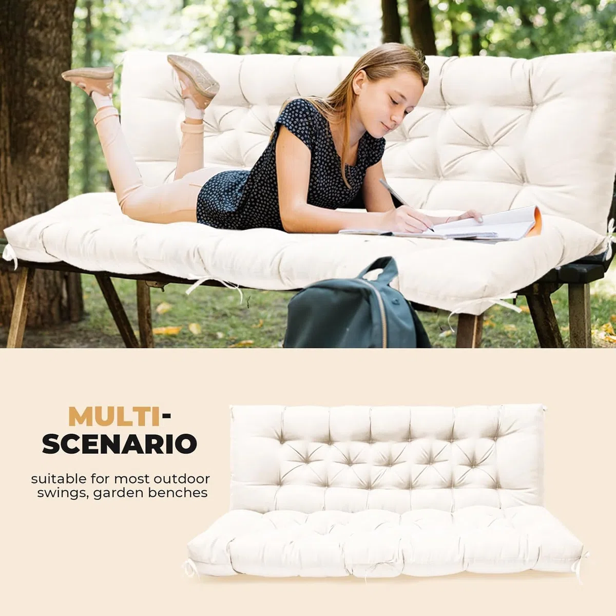 Cuscino spesso per panca da giardino a 2-3 posti, impermeabile, con schienale, sdraio da esterno, amaca e portico, con laccetti, per mobili a baldacchino (crema, 150 x 100 cm)