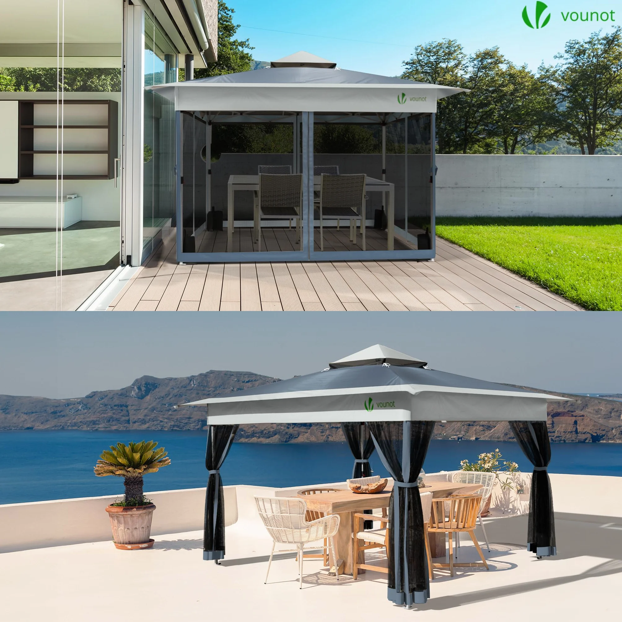 Gazebo da Giardino Esterno 3.6x3.6m Pieghevole Anti-UV con Struttura in Acciaio Tetto Doppio Grigio