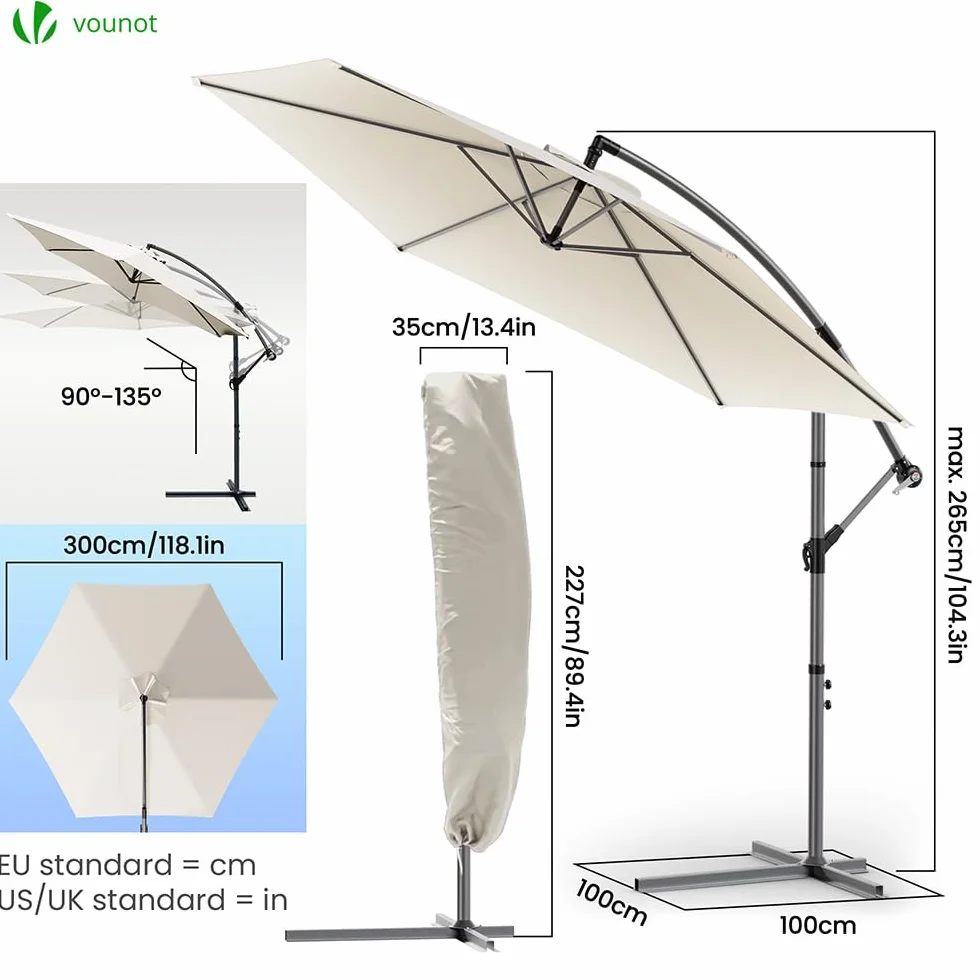 VOUNOT Ombrellone da Giardino Diametro 3M Decentrato Parasole Base a Croce Protezione UV Beige