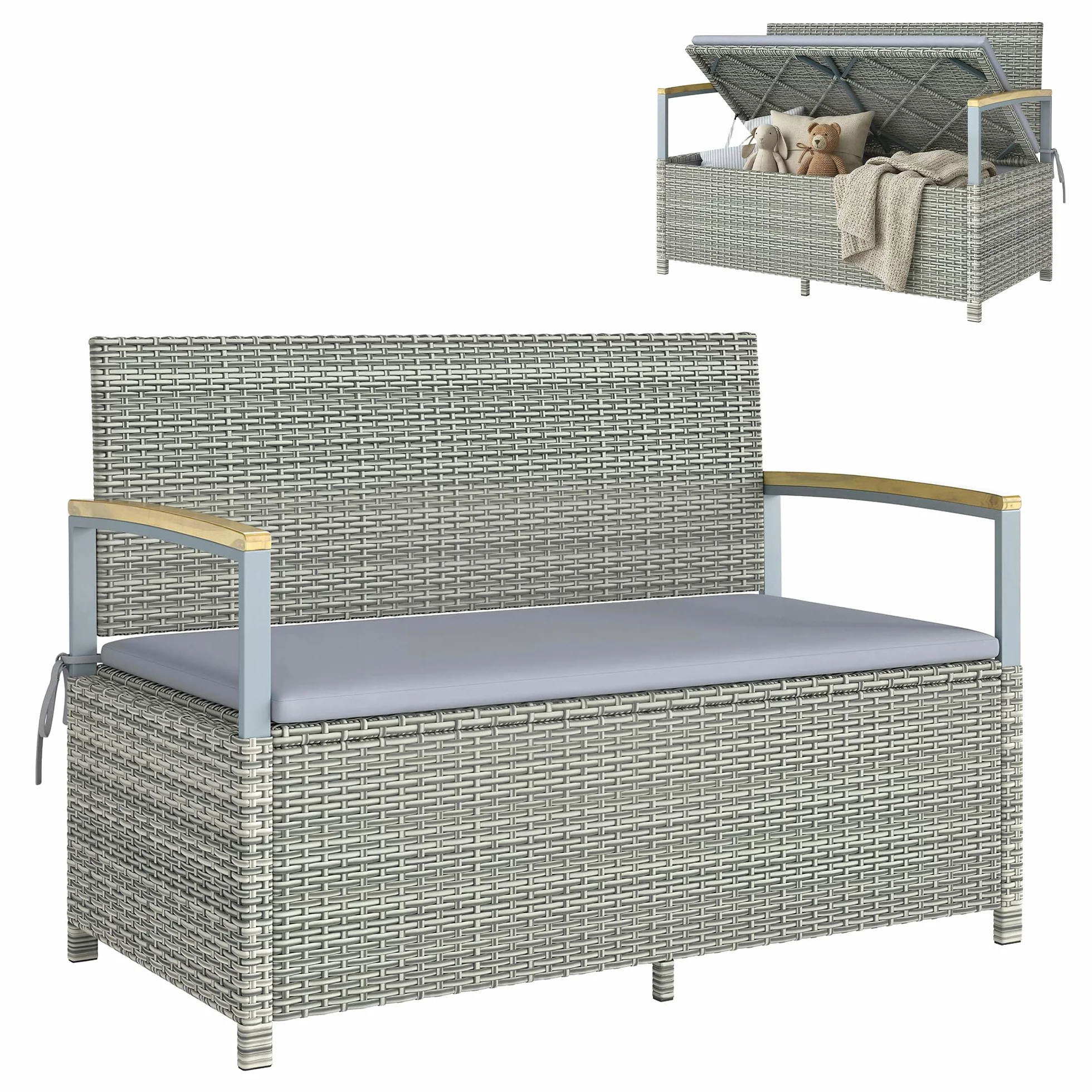 Outsunny Cassapanca Contenitore da Esterno in Rattan PE 170L, Panca Contenitore da Esterno 2 Posti con Braccioli in Legno di Acacia, Cuscino Lavabile, Fodera con Cerniera, Pistone a Gas, Grigio Chiaro