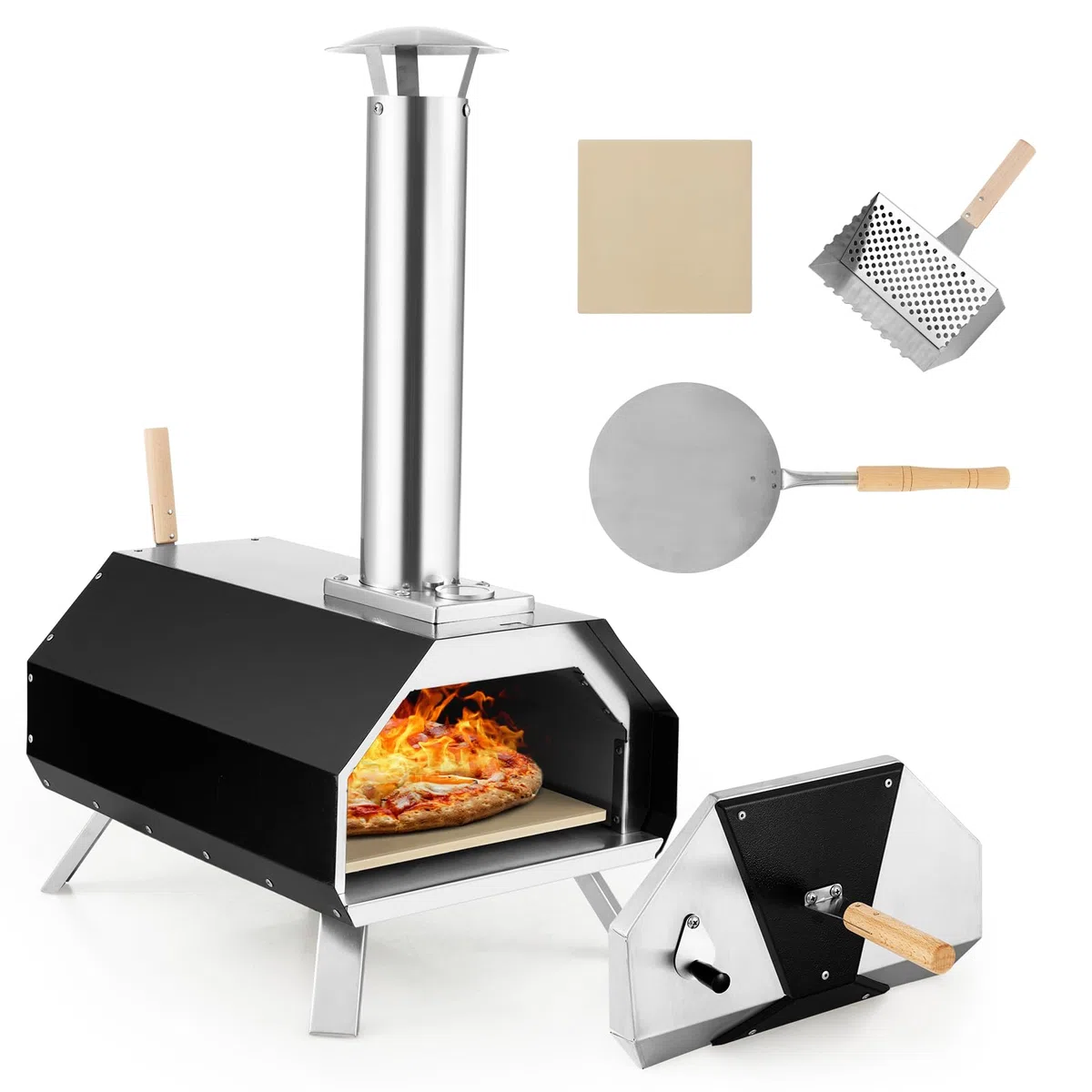 COSTWAY Forno per Pizza da Esterno a Legna con Pala, Pietra e Gambe Pieghevoli, Modello 8