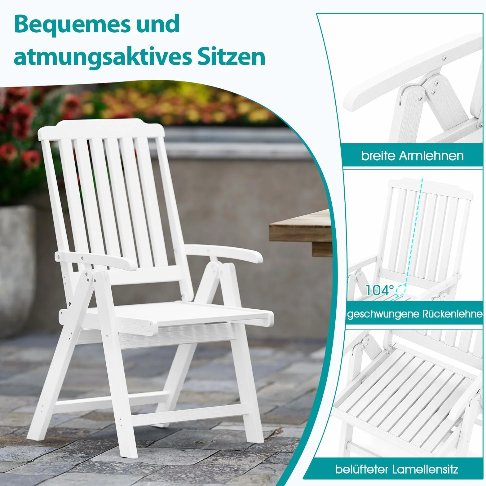 FANTASK Sedia da balcone in plastica effetto legno pieghevole 150 kg bianco