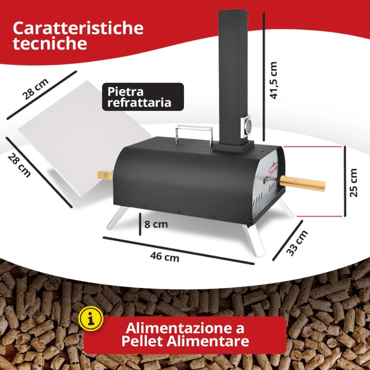 PizzaioloJet Forno Pizza a Pellet 460°C, 28 cm, 11 kg, Pietra Refrattaria, Termometro