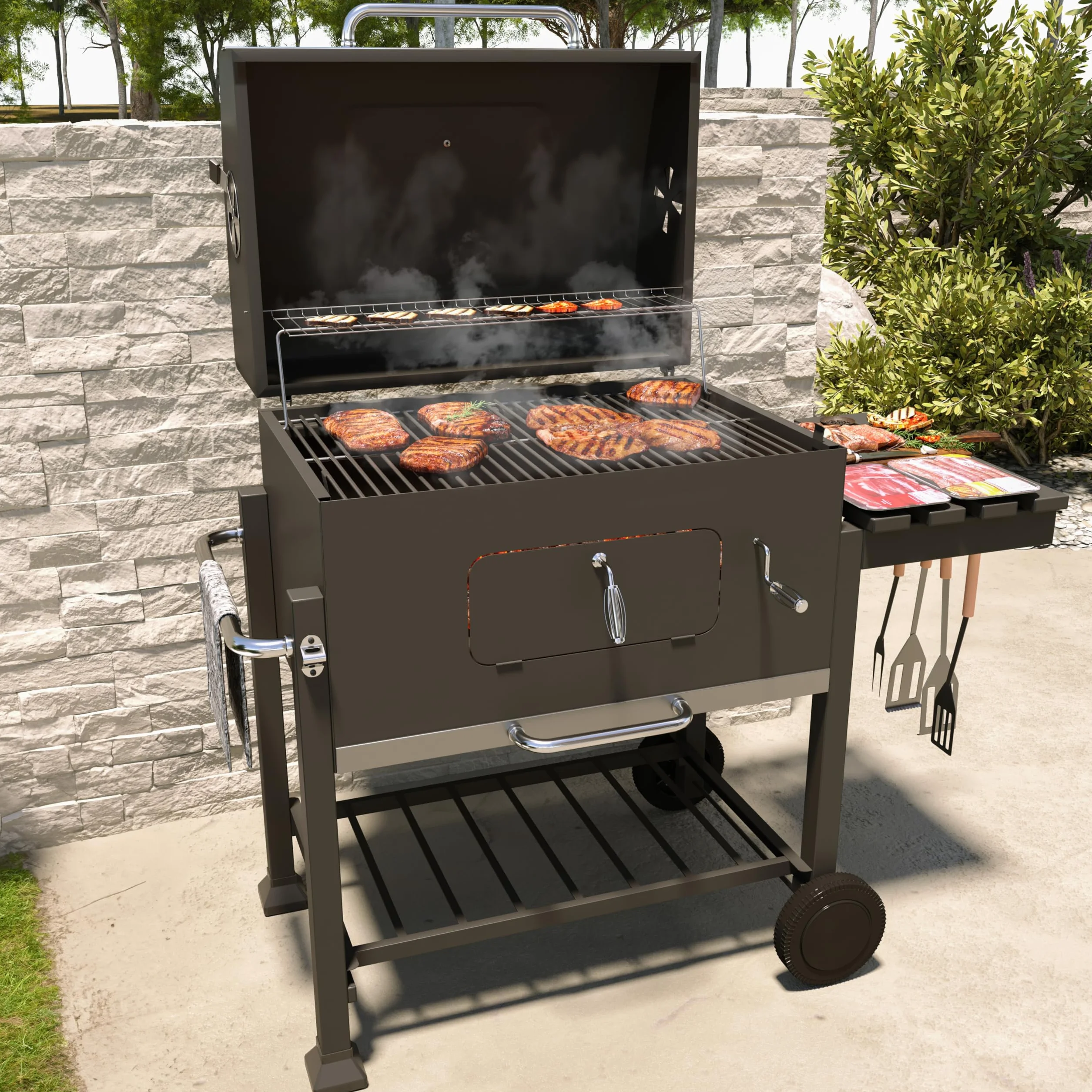 BRICOZONE Barbecue A Carbone In Acciaio Con Termometro Integrato Griglia Regolabile In Altezza