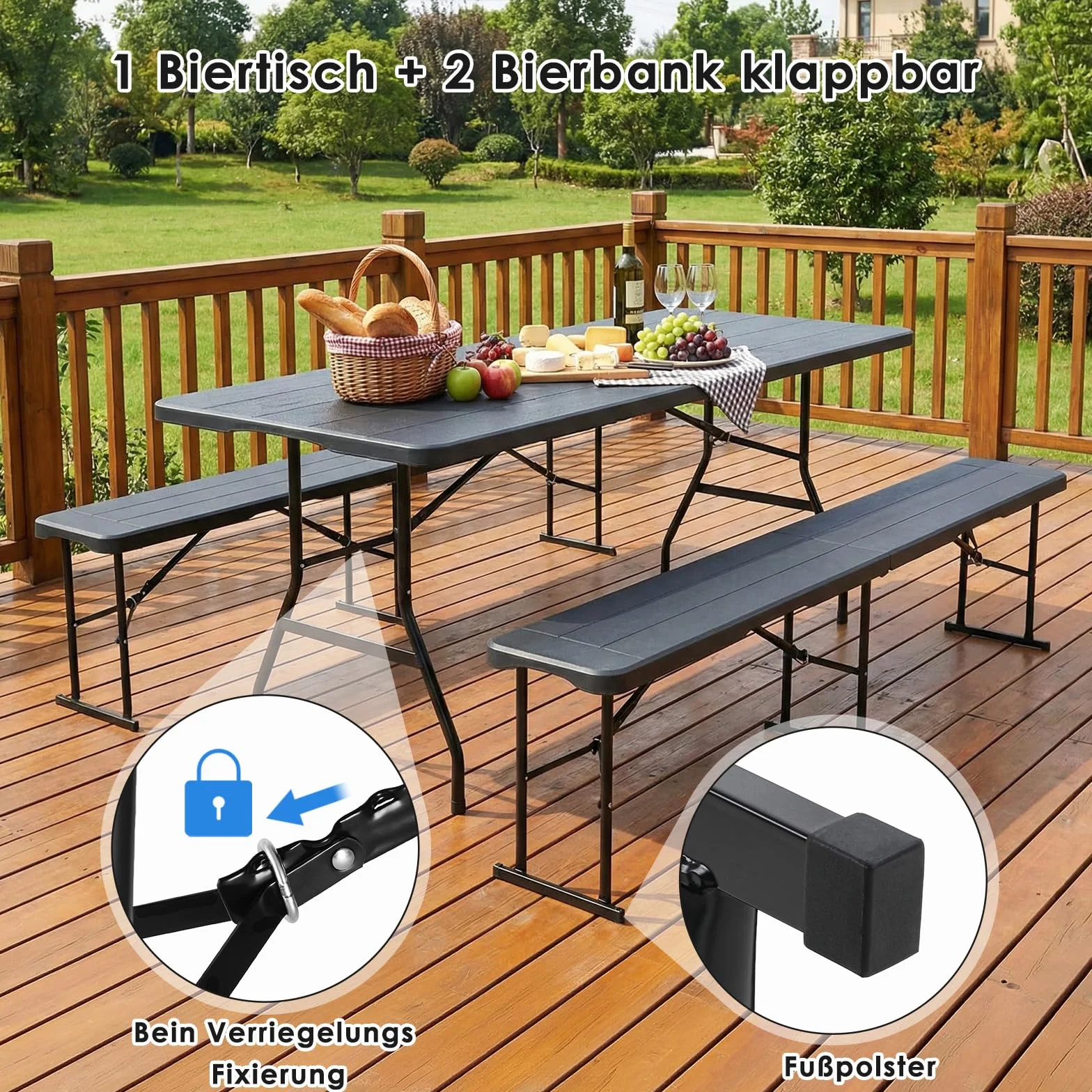 Set Tenda da Birra 3 Pezzi 180cm, Tavolo e 2 Panche Pieghevoli, Mobili da Giardino in Plastica HDPE