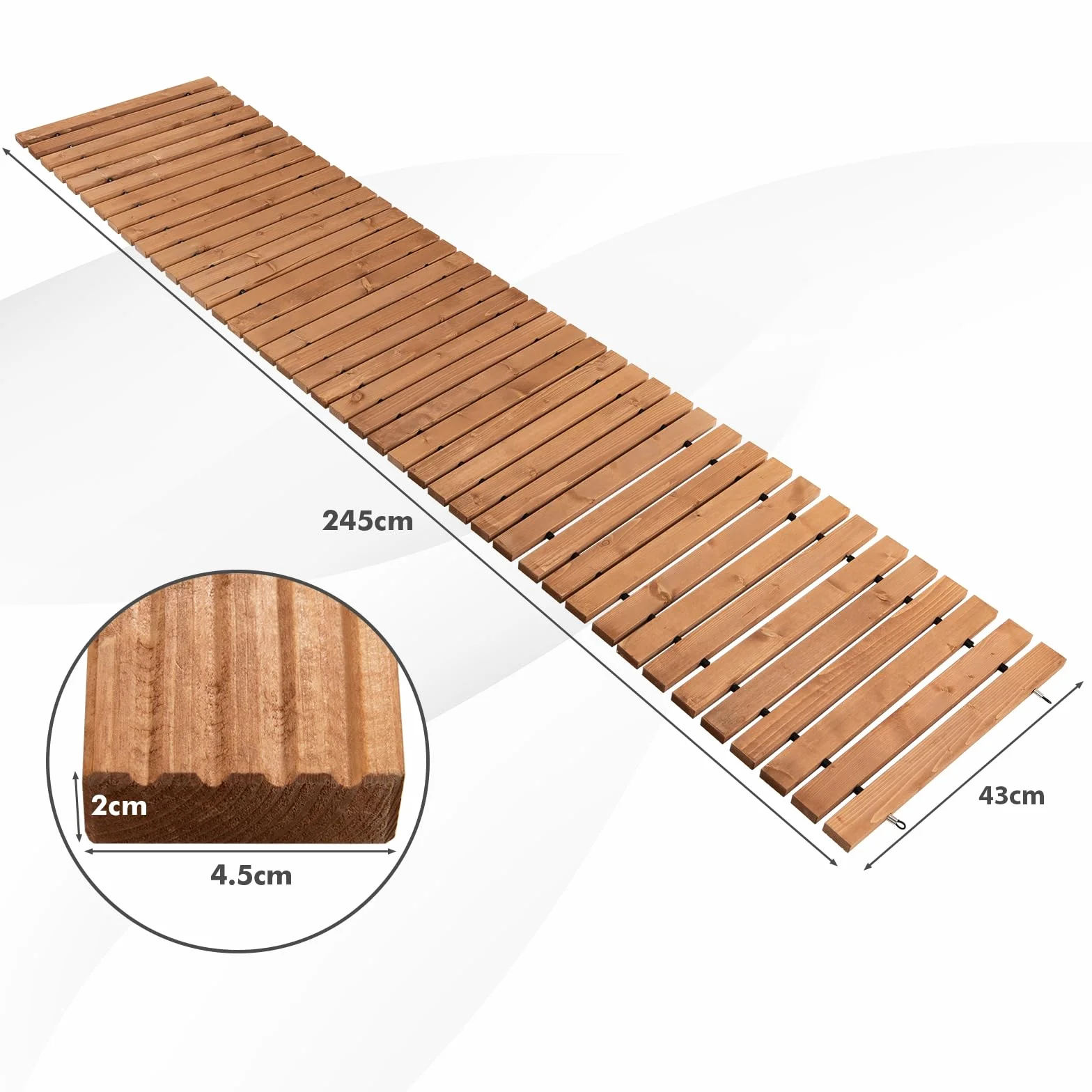 SOARS Passerella da Giardino Arrotolabile 245 cm, Sentiero da Prato in Legno di Abete con Cavi in Acciaio, Percorso da Prato Antiscivolo per Cortile e Spiaggia (Marrone, 245 x 43 cm)