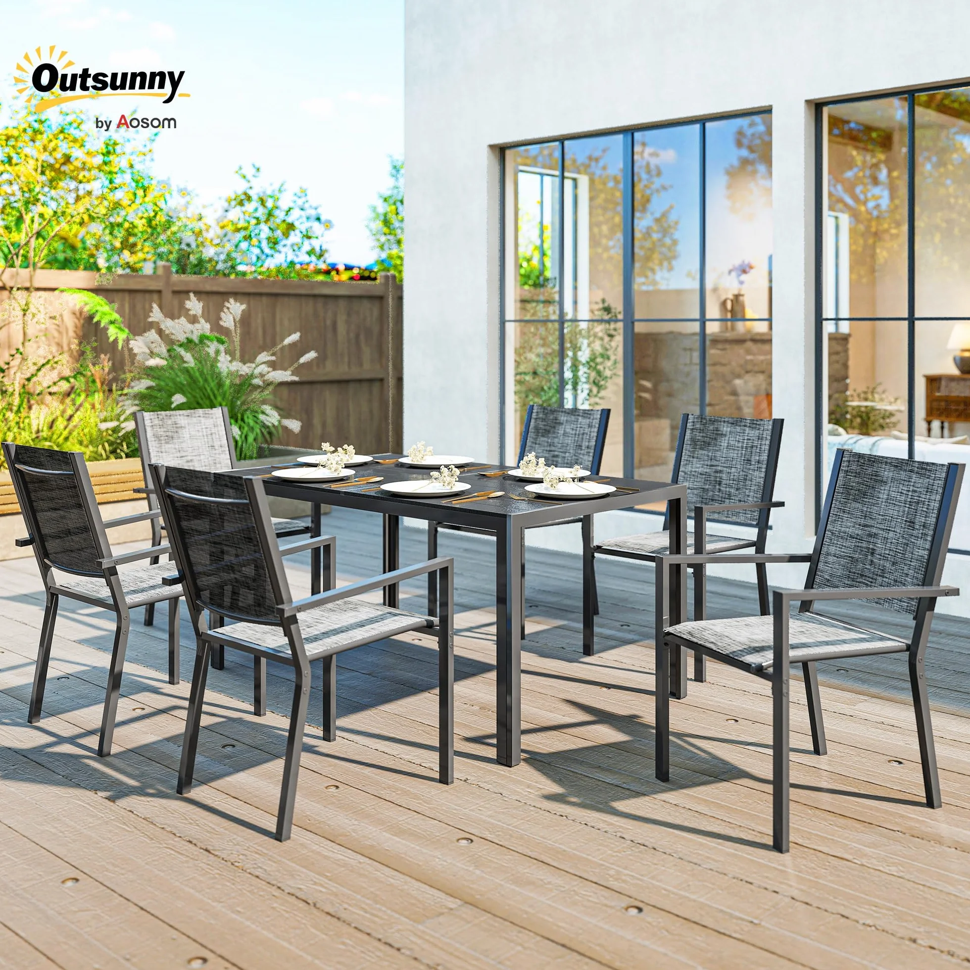 Outsunny Set Tavolo da Giardino 7 Pezzi, Pranzo con Sedie Impilabili, Acciaio Texteline Grigio Nero