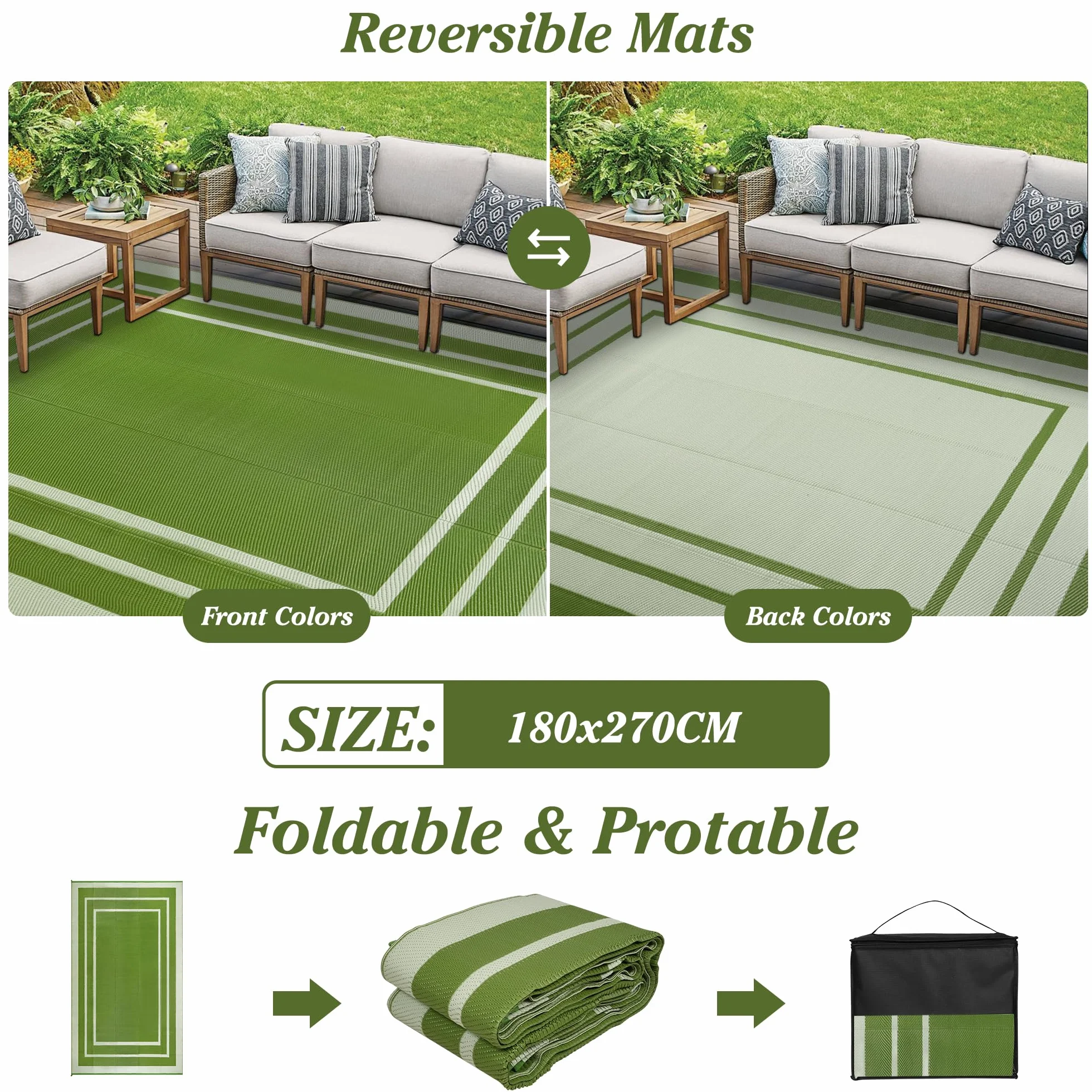 Tappeto da Esterno Terrazza 180x270cm Impermeabile Giardino Plastica Reversibile Balcone Lavabile Verde
