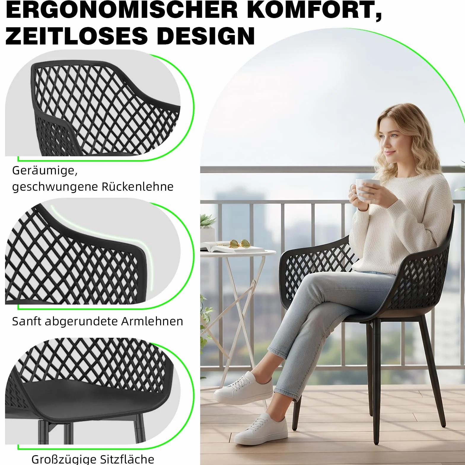 Set 6 Sedia Giardino Esterno PP Metallo Braccioli 120 kg Nero