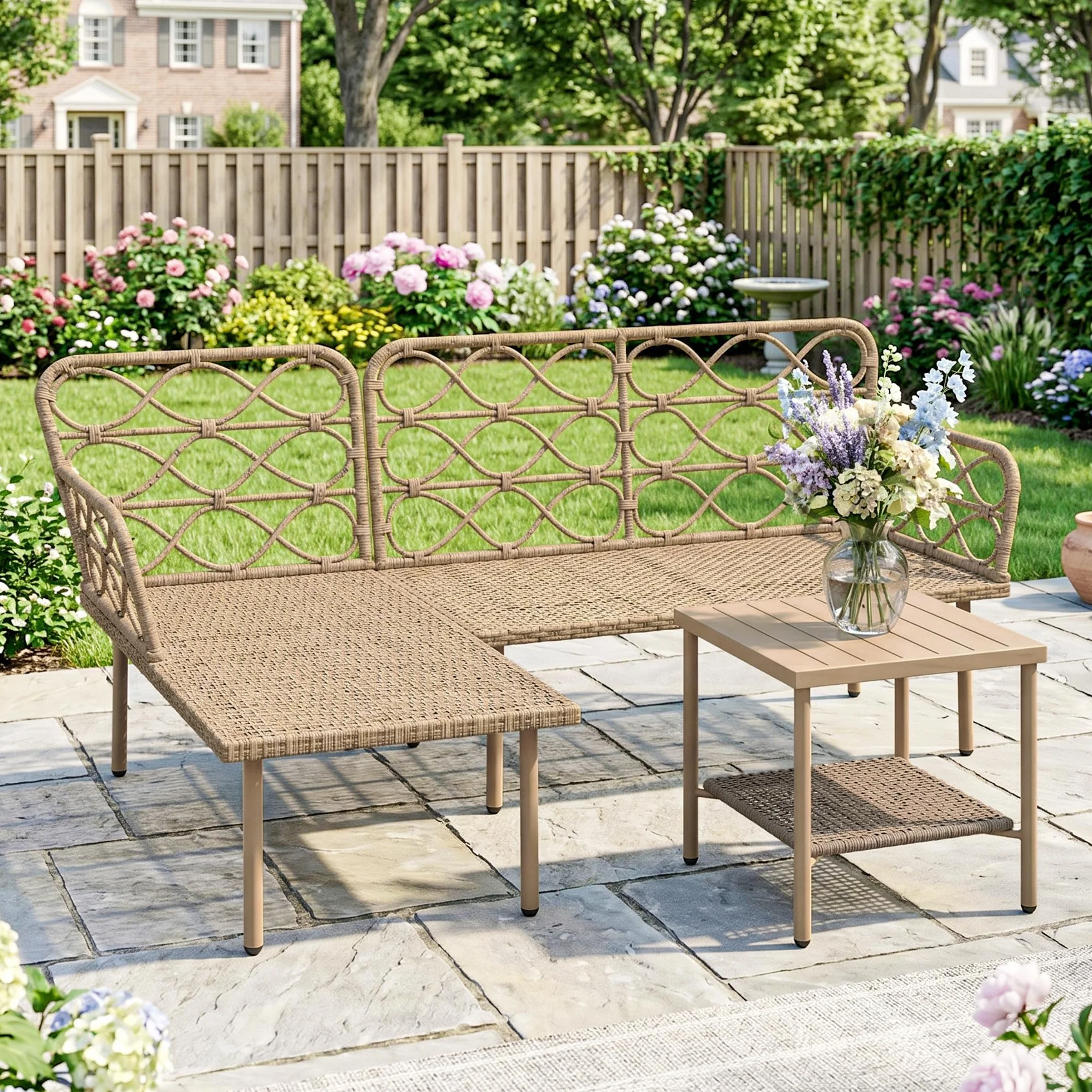 Outsunny Set Giardino Rattan 3 Pezzi Salotto Esterno Divanetto 2 Posti Chaise Longue Cuscini Lavabili Tavolino Caffè Crema