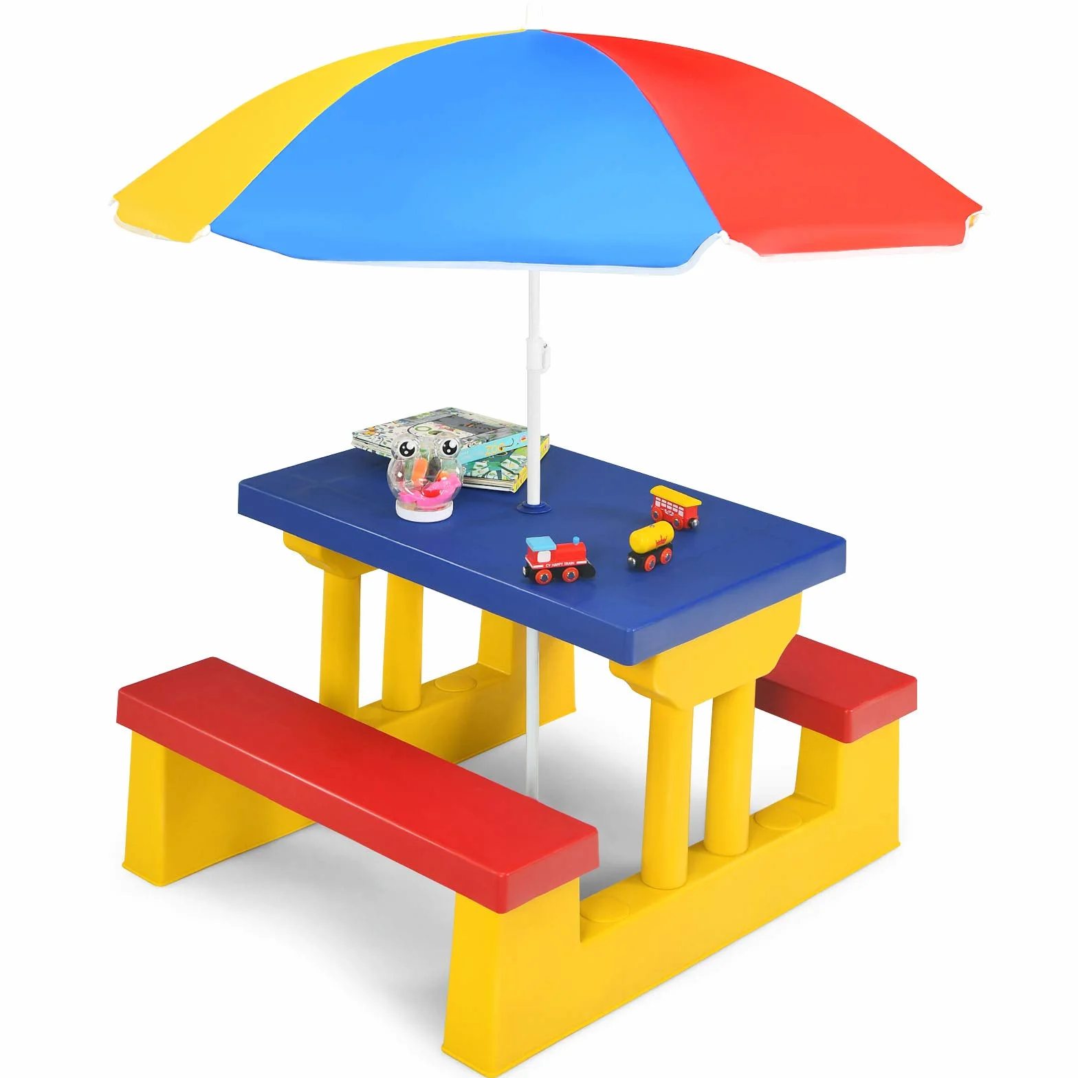 GIANTEX Tavolo da Picnic per Bambini con Parasole Pieghevole Giallo Rosso Blu