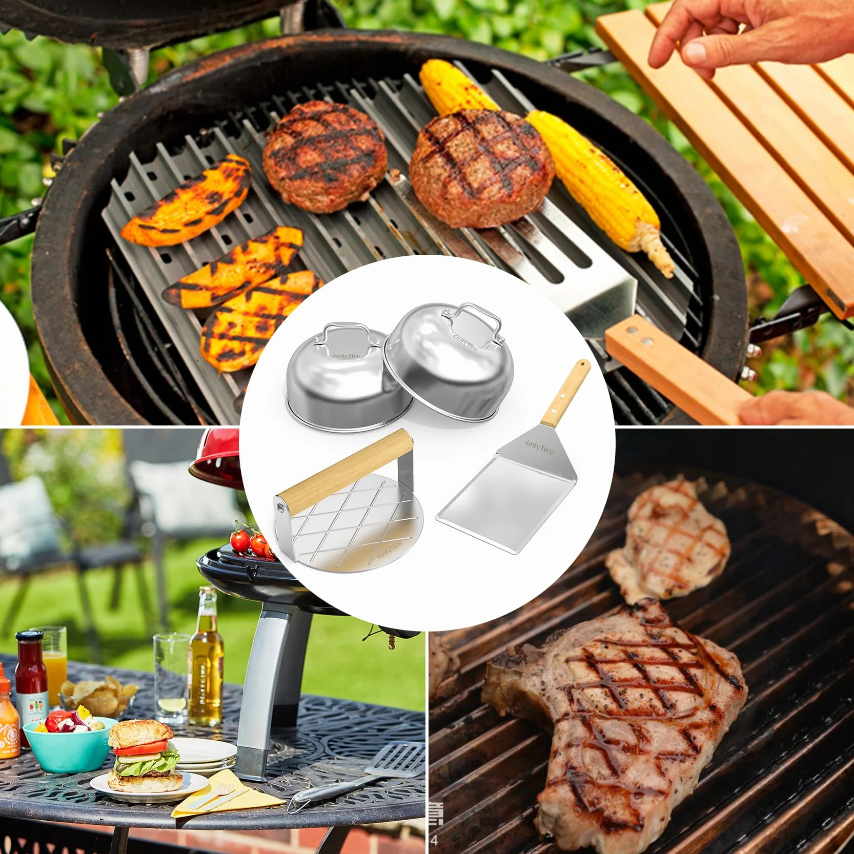 Onlyfire Kit Smash Burger, Coperture per Hamburger da 2 x 16 cm, Pressa per Hamburger Rotonda e Spatola da Grill Grande, Accessori per Barbecue per Piastra, Teppanyaki e Campeggio