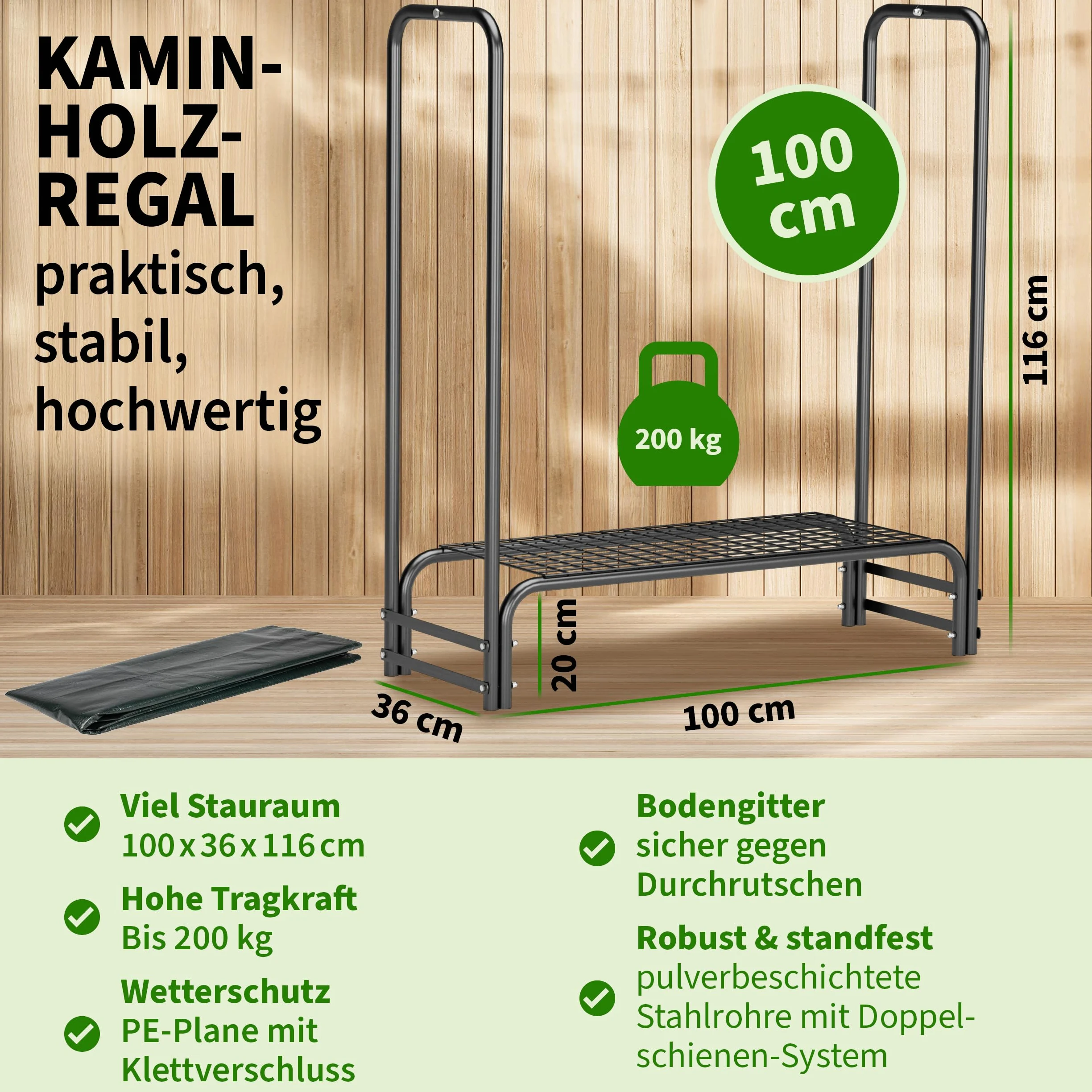 Mensola per legna da ardere S 100x36x116 cm czarna z pokryciem stalowa do 200 kg