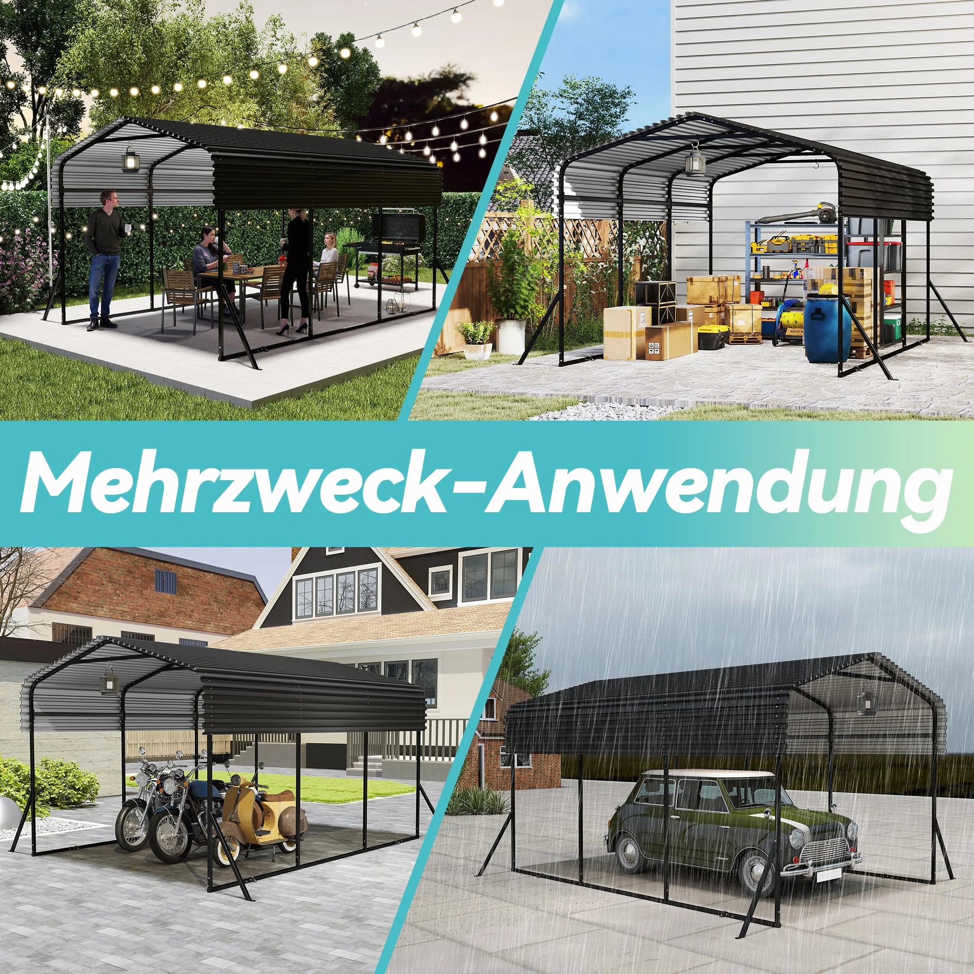 UISEBRT Garage per tenda auto da esterno | 10 x 15 FT | Carport in metallo nero | Robusto riparo auto da esterno | Ombreggiatura con tetto in metallo zincato per auto e barche tenda bivacco