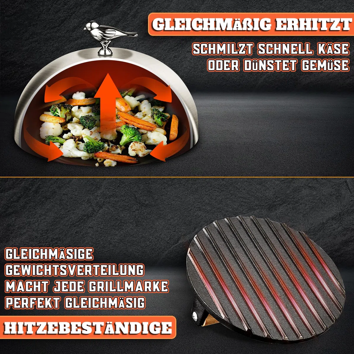 PURPLEBIRD Griddle - Set di accessori per hamburger in acciaio inox (7,87 pollici), con pesanti, in ghisa (6,97 pollici), campana per fusione e pressa per hamburger, per barbecue a gas, teppanyaki,