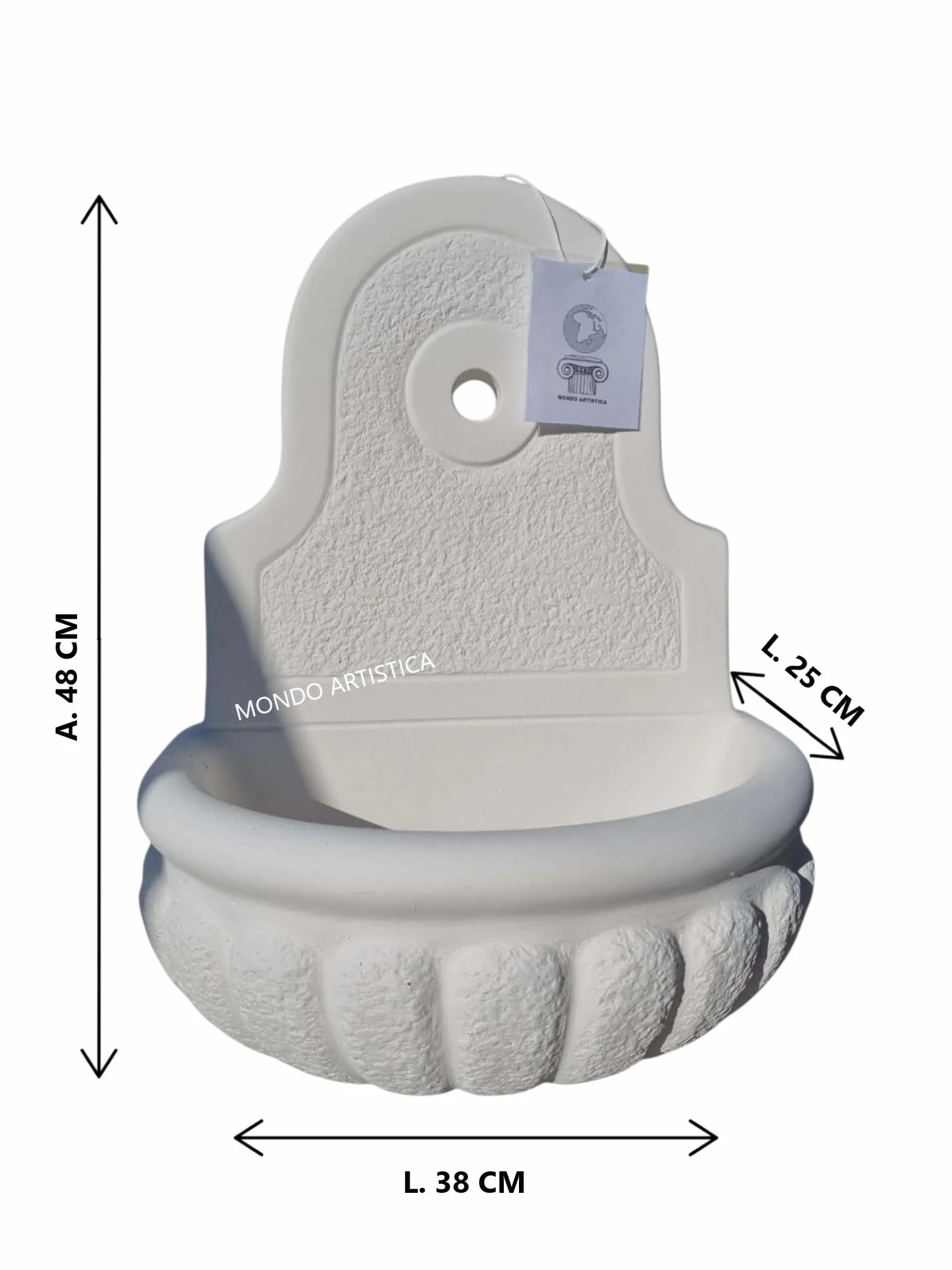 MONDO ARTISTICA Fontana da Parete Sospesa per Giardino, Cemento Bianco e Polvere di Marmo, Piccola, Per esterno altezza 48 cm