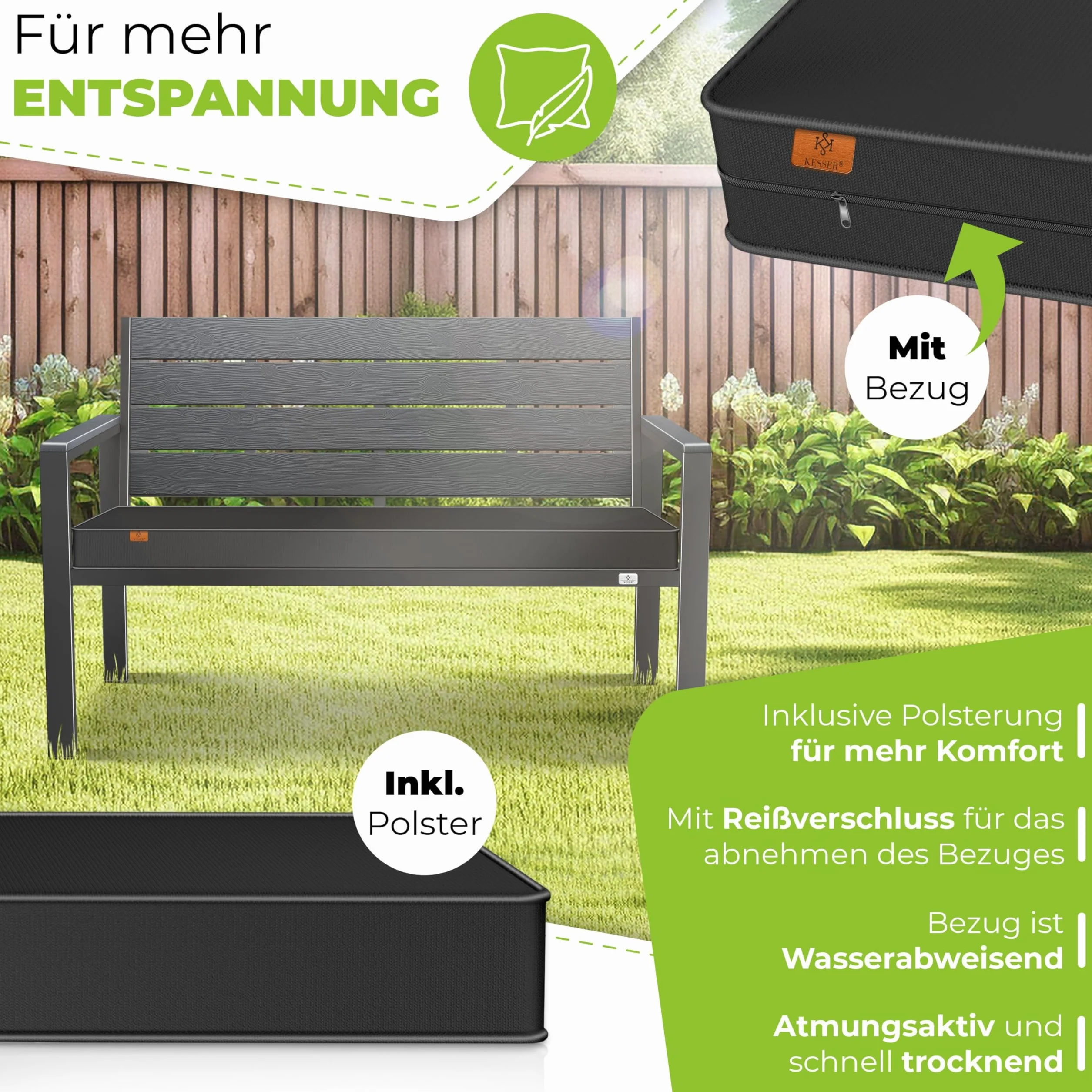 KESSER® Panca da giardino con cuscino, resistente alle intemperie, 2 posti, effetto legno, per balcone, terrazza, balcone, portata fino a 300 kg, resistente ai raggi UV, con rivestimento imbottito