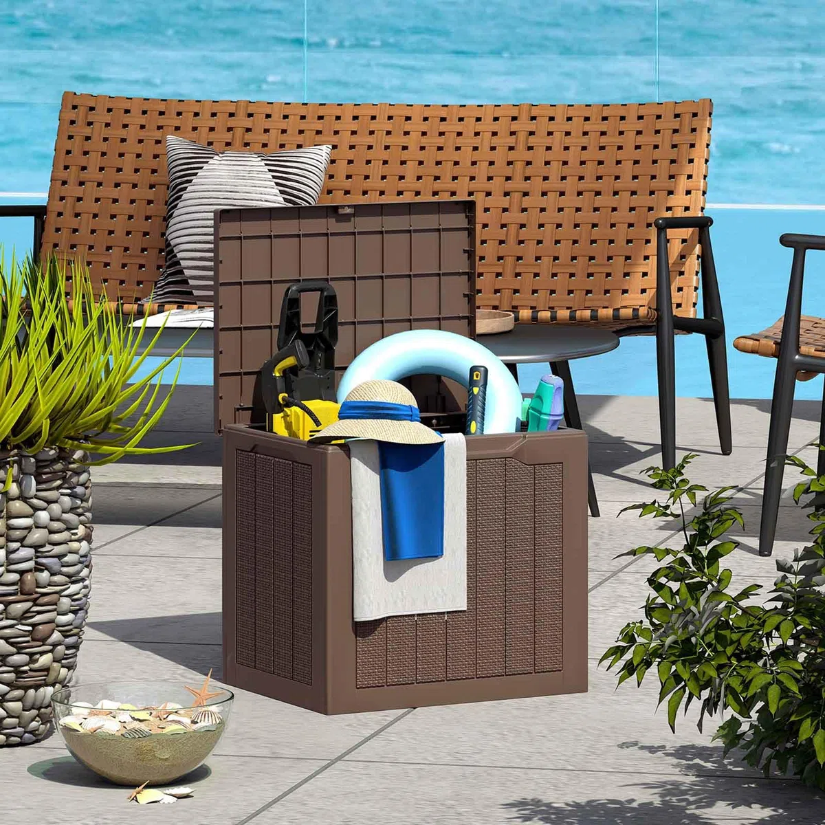HOMASIS Baule da Esterno Impermeabile 96L Cassapanca Contenitore con Coperchio Rattan Marrone