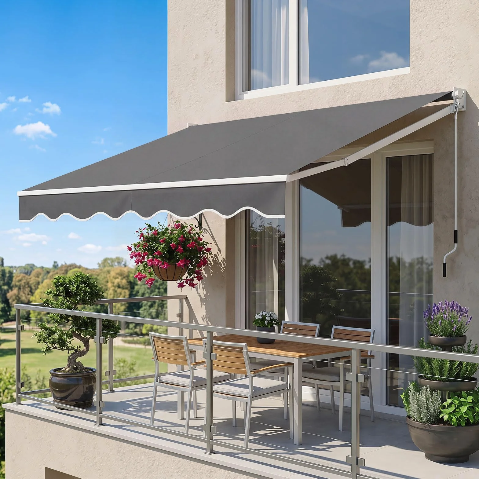 COSTWAY Tenda da Sole per Esterno Avvolgibile a Bracci Estensibili in Alluminio Impermeabile Grigio 245 x 200 cm