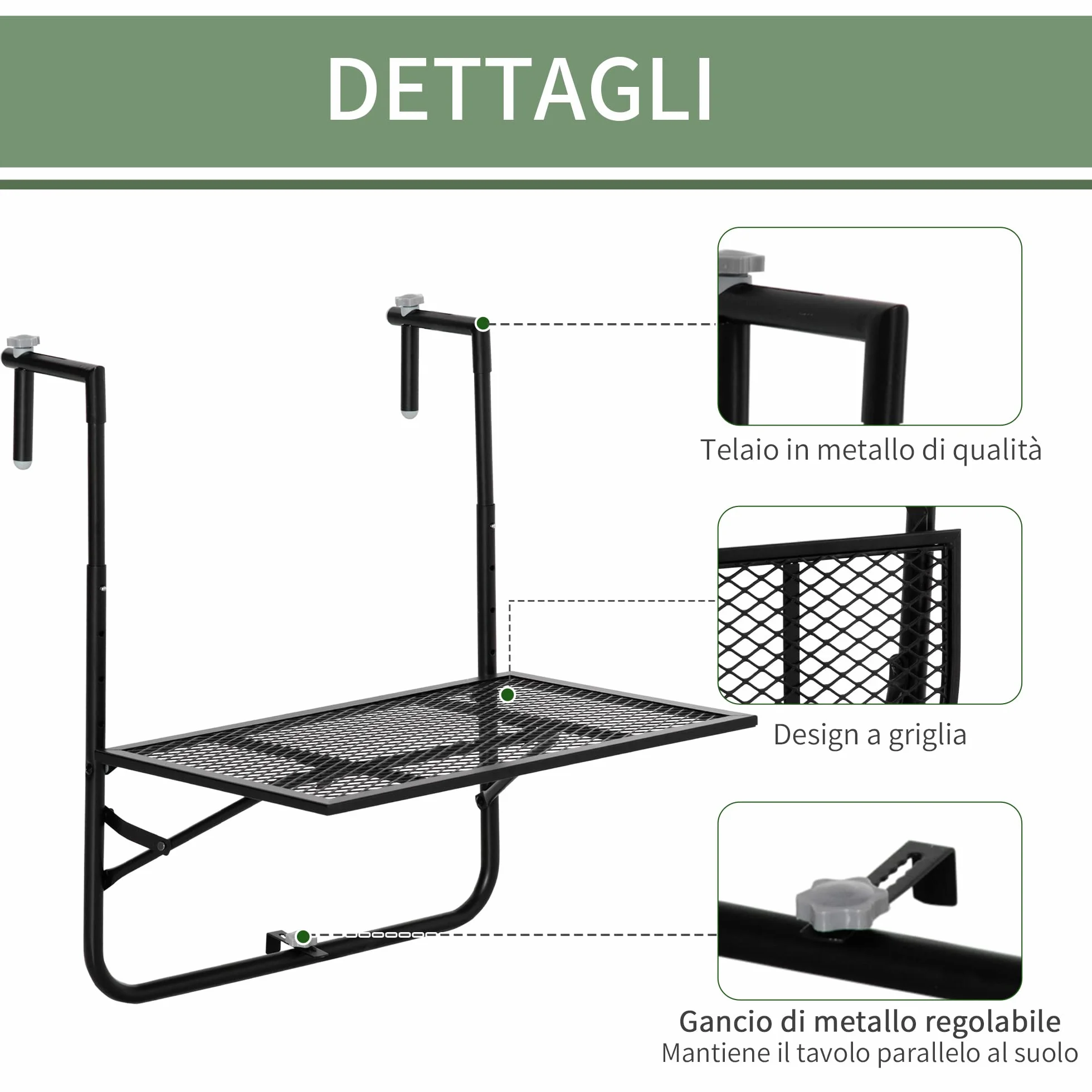 Outsunny Tavolo da Ringhiera Pieghevole in Metallo, 60x60x57-72cm, Nero