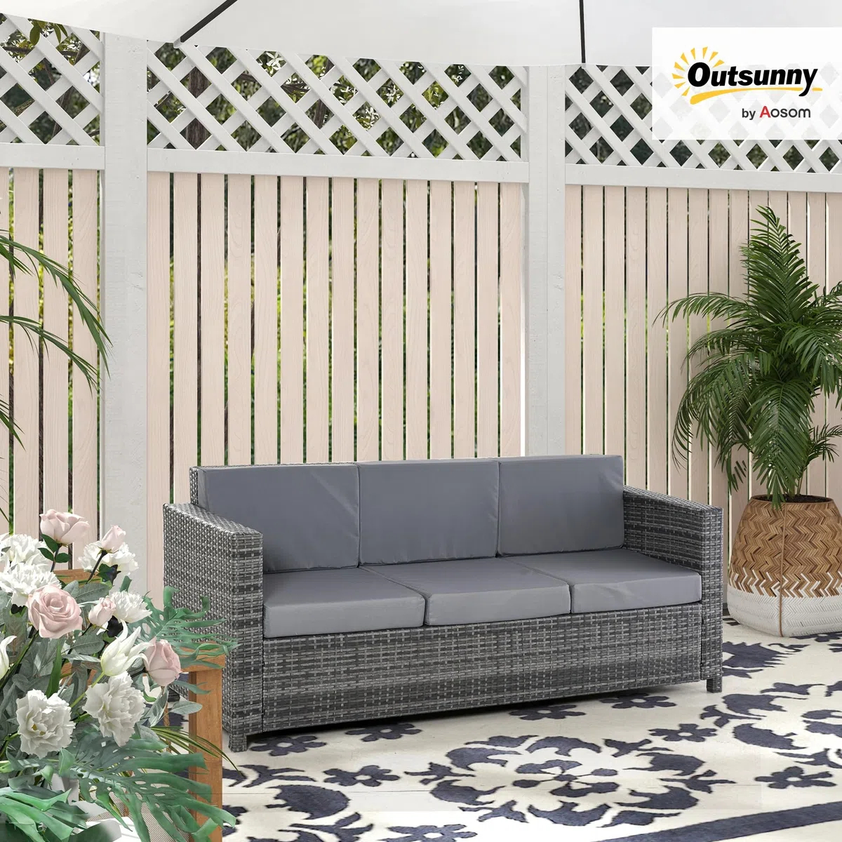 Outsunny Divanetto da Esterno 3 Posti in Rattan PE, Divano da Esterno con Cuscini Imbottiti e Sfoderabili, Struttura in Metallo per Giardino, Patio e Terrazzo, 185x70x80 cm, Grigio