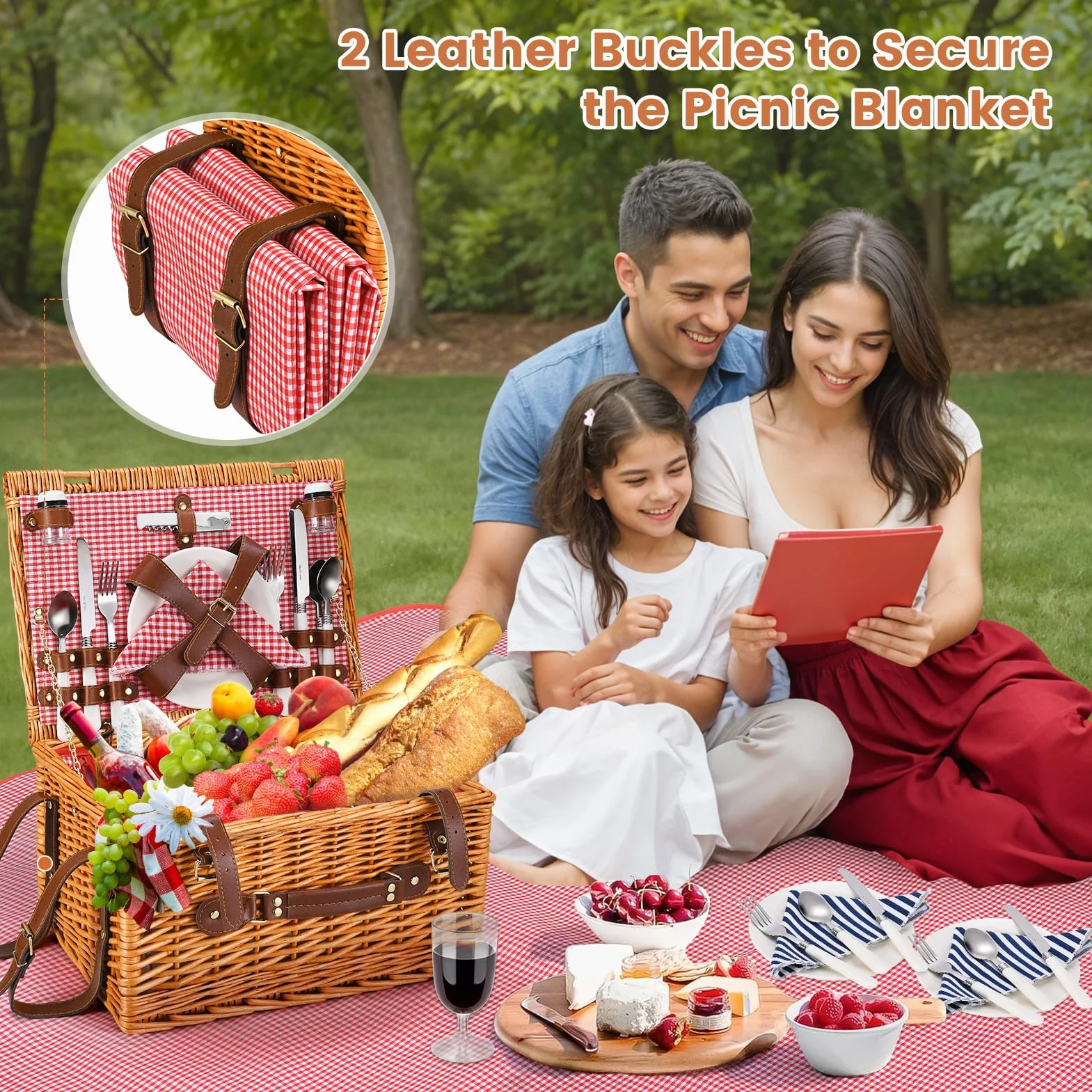 Cestino da Picnic in Vimini per 4 Persone, Termico, Impermeabile, Rosso