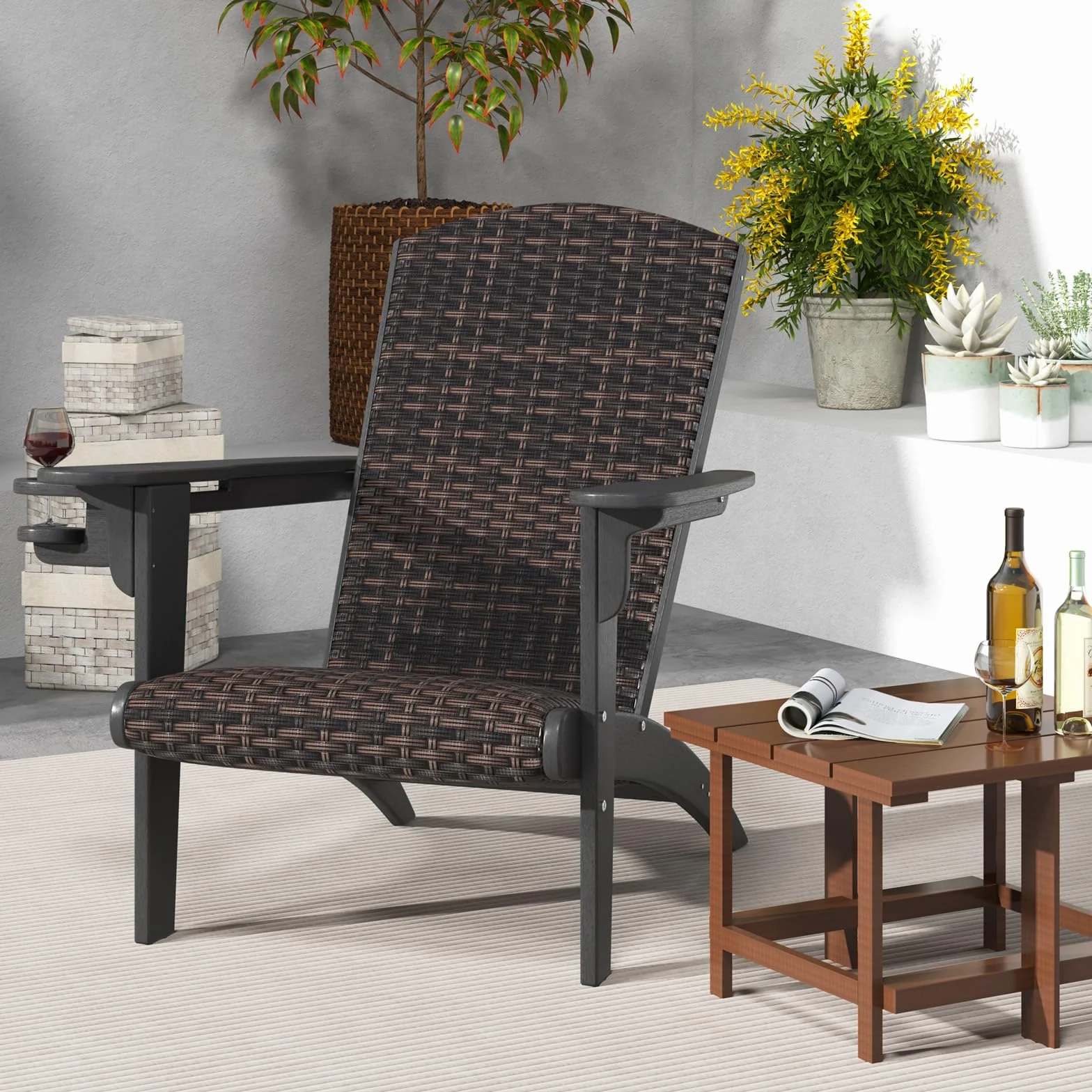 LIFEZEAL Sedia Adirondack da Esterno, in Plastica, Rattan PE, Imbottito da Spugna, con Braccioli, Portabicchiere, Resistente alle Intemperie, per Giardino, Terrazza, Patio, Aperto, Max 150kg (nero)