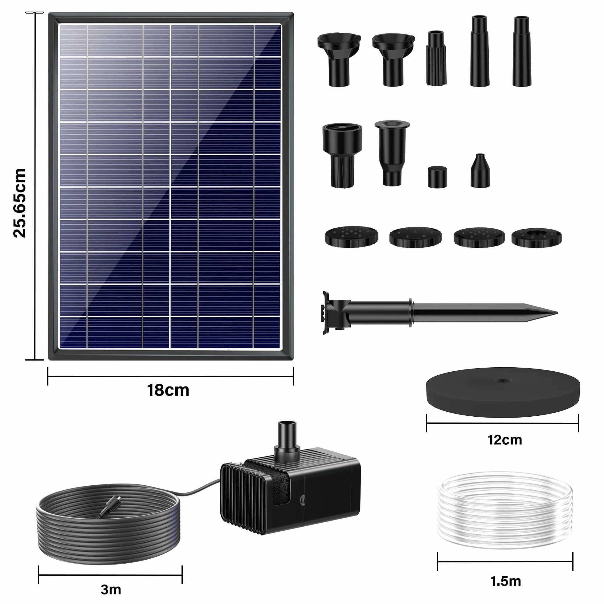 Pompa solare per laghetto Biling da 7,5 W con filtro, 300 l/h con tubo flessibile da 1,5 m, cavo da 3 m, 10 ugelli per laghetto da giardino fai da te, vasca per uccelli, fontana solare, gioco d'acqua