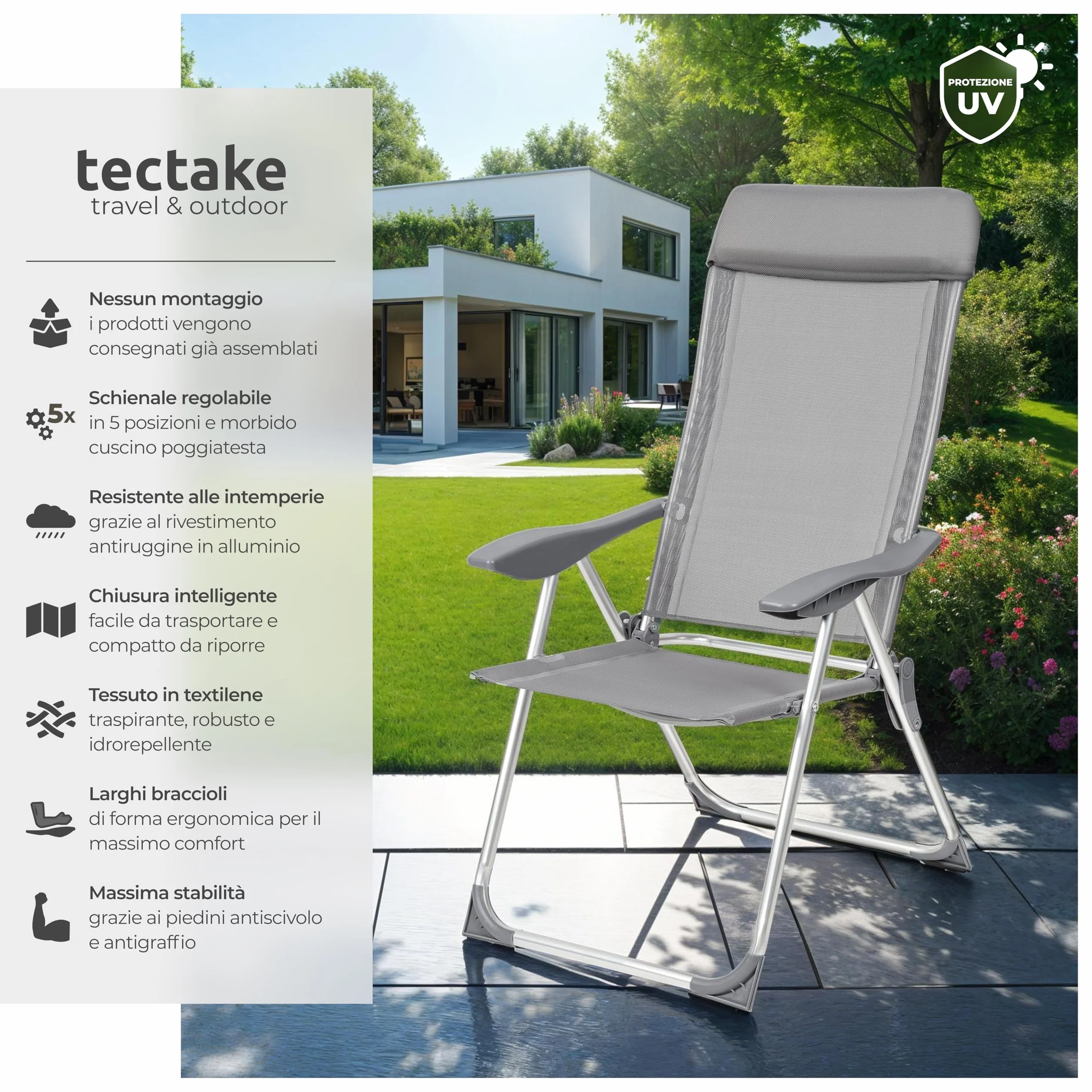 Tectake Set 4 Sedie da Giardino Pieghevoli con Braccioli, Rete Ventilazione, Schienale Regolabile 5 Posizioni, Grigio