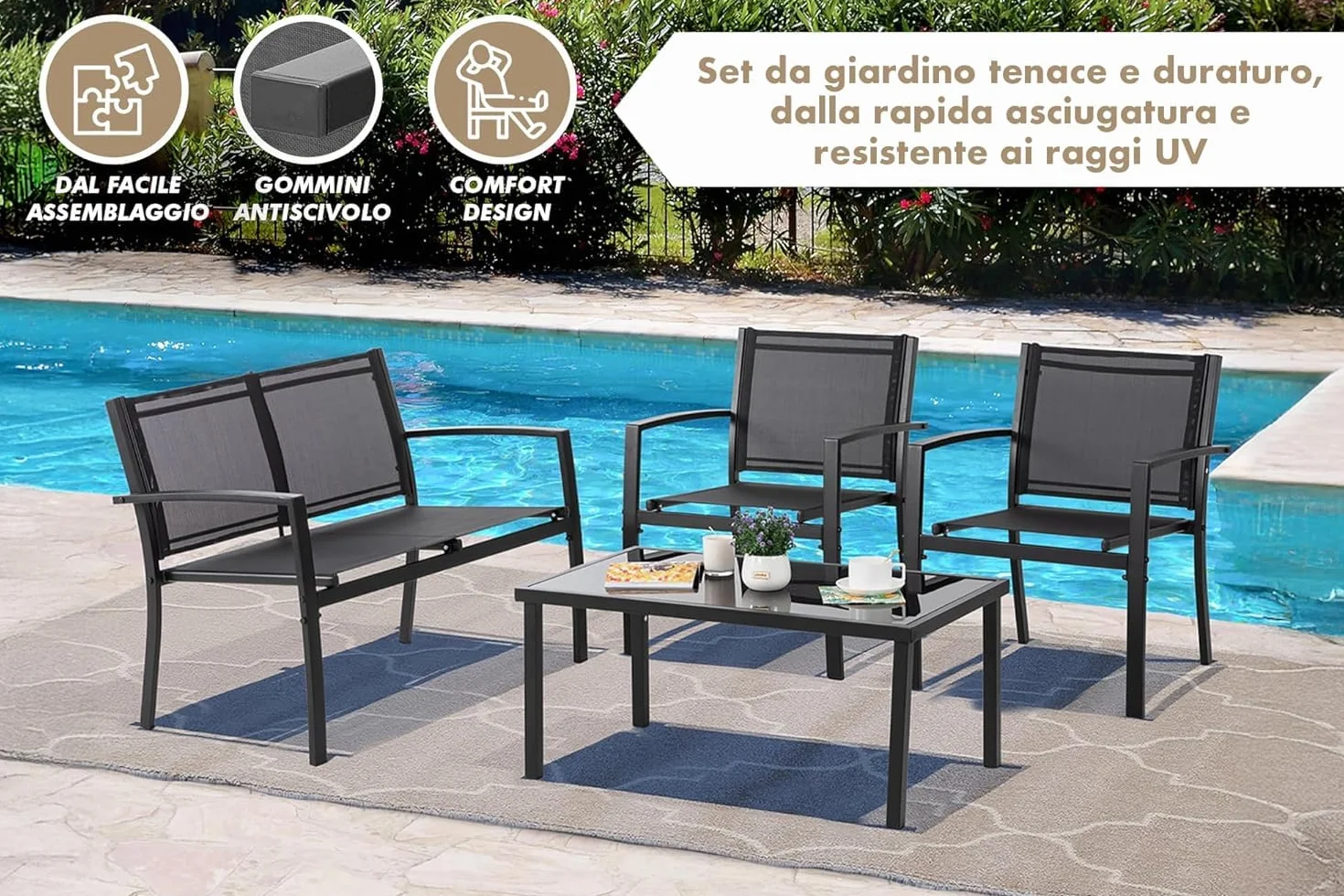 Salotto Da Esterno In Acciaio 2 Poltrone 1 Divano 1 Tavolo Giardino Esterno Con Seduta In Textilene Patio Salottino Relax Primavera Estate Mobili Estivi 4 Posti Tavolo Ripiano In Vetro - Nero