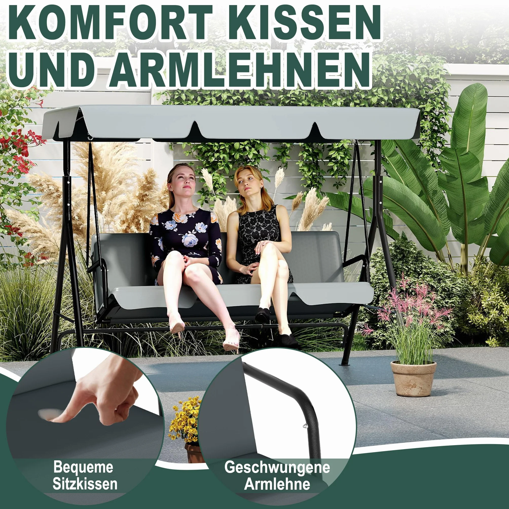 UISEBRT Dondolo Hollywood a 3 posti, con tettuccio parasole regolabile, portata fino a 200 kg, resistente alle intemperie, per esterni e interni, 176 x 110 x 152 cm, antracite