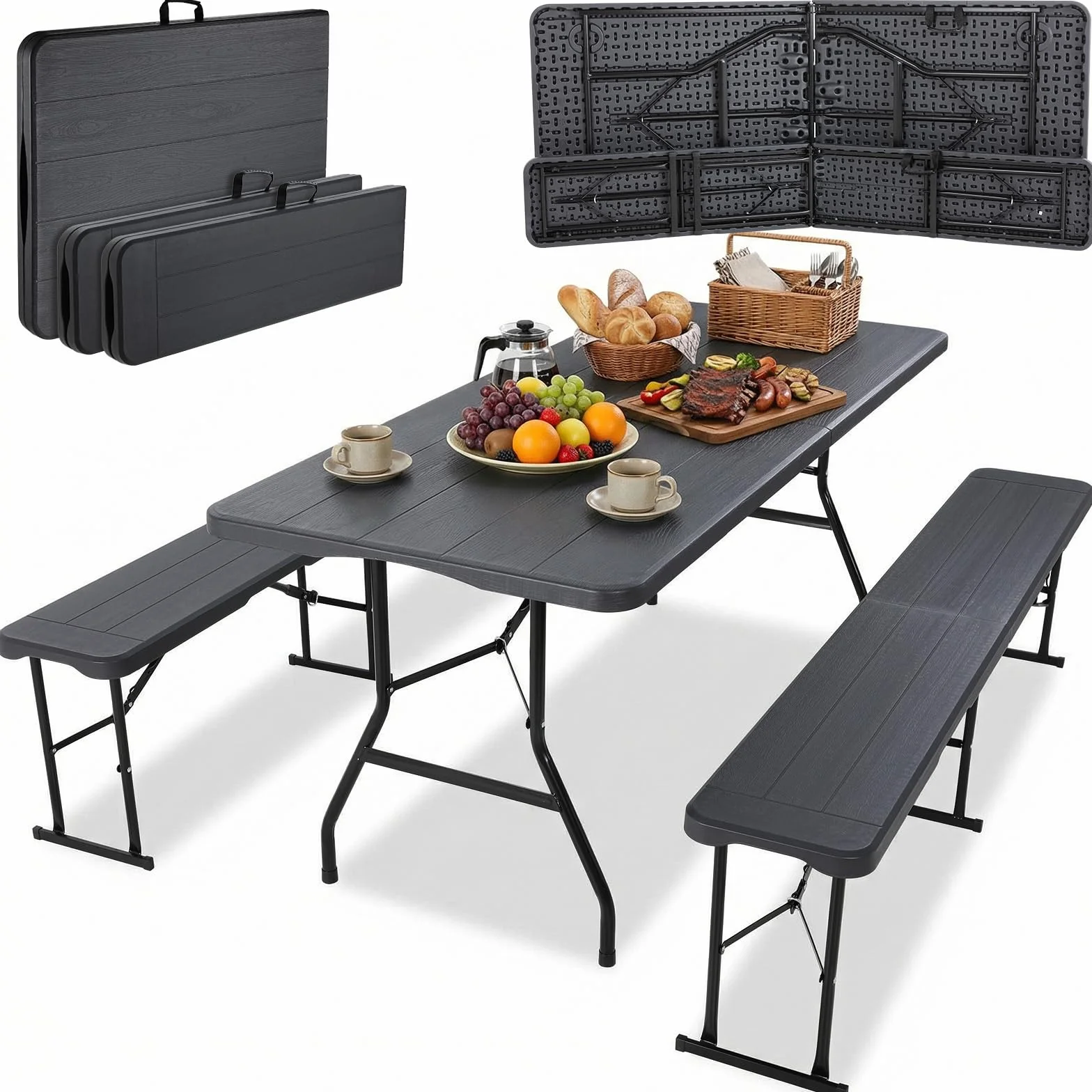 Set Tenda da Birra 3 Pezzi 180cm, Tavolo e 2 Panche Pieghevoli, Mobili da Giardino in Plastica HDPE