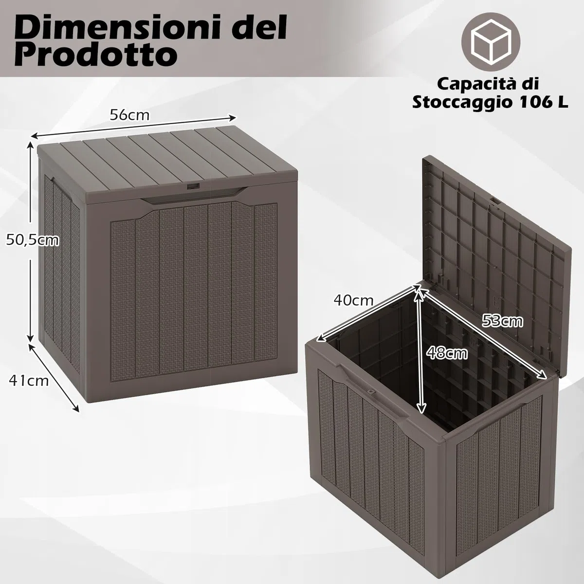 COSTWAY Baule da Esterno 106 L, Cassapanca Contenitore Impermeabile con Coperchio Bloccabile e Maniglie Laterali, per Giardino, Terrazzo e Cortile, 56 x 41 x 50,5 cm (Marrone)