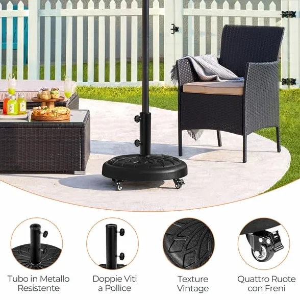 Yaheetech Base per Ombrellone da Giardino 24,7 kg in Resina e Metallo con 4 Ruote e Freni per Pali da Ø34/38/48mm con 2 Manopole Cortile Piscina Esterno Nero
