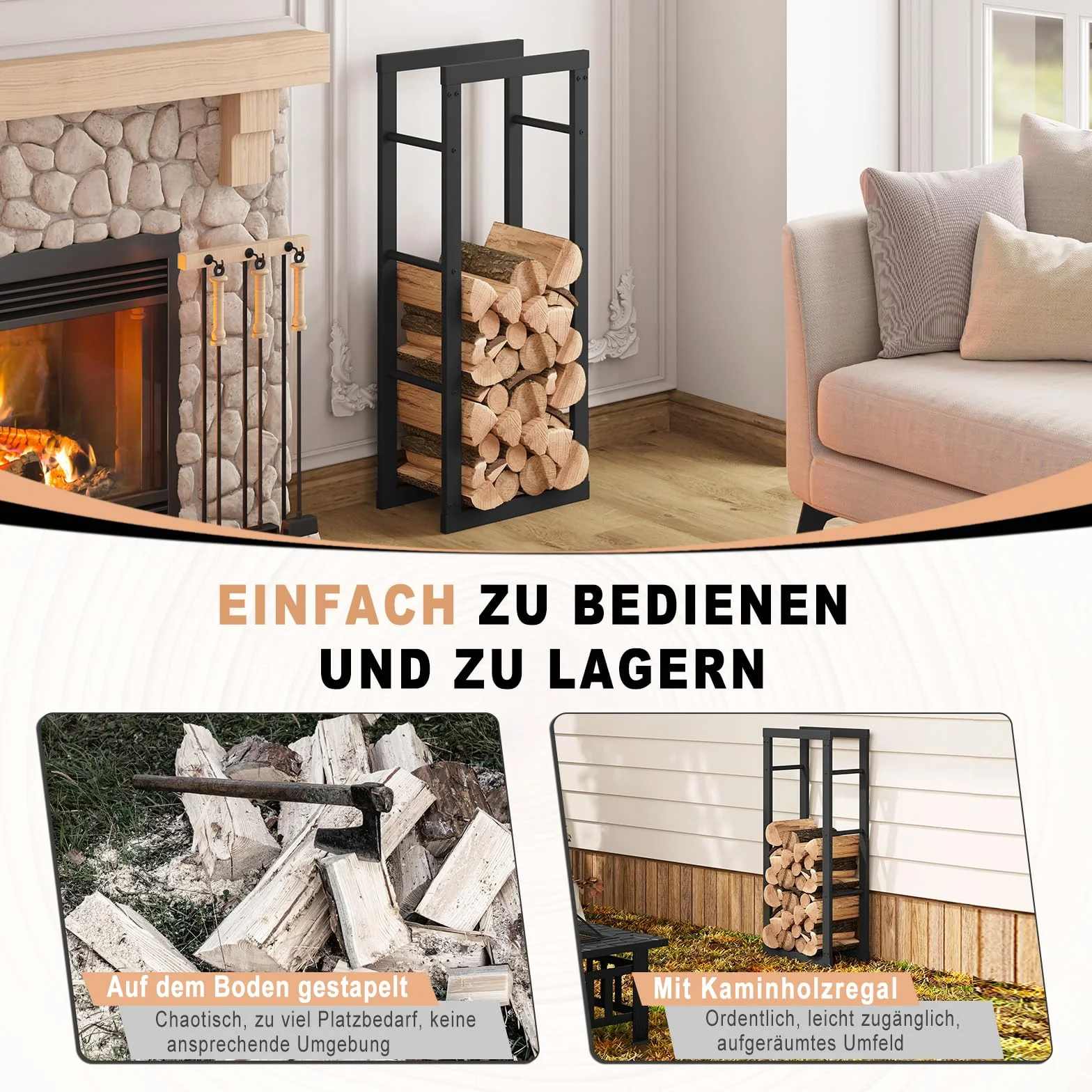 Laneetal Portalegna da Interno 40x25x100 cm Metalowy Stojak na Drewno Kominkowe Czarny