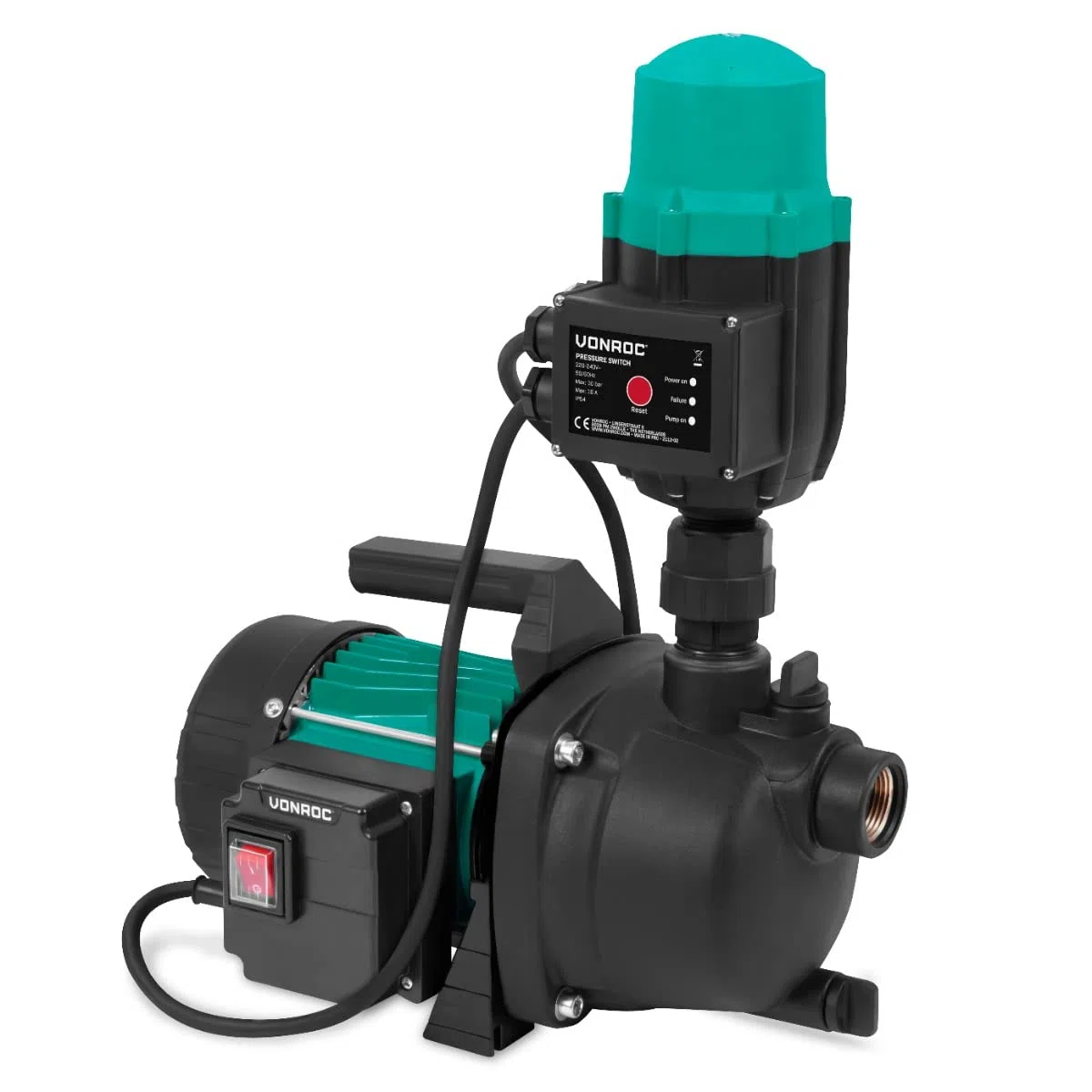VONROC Pompa Acqua Idrofora Automatica 800W 3300 l/h 4 bar Autoadescante Pressostato Protezione Secco IPX4
