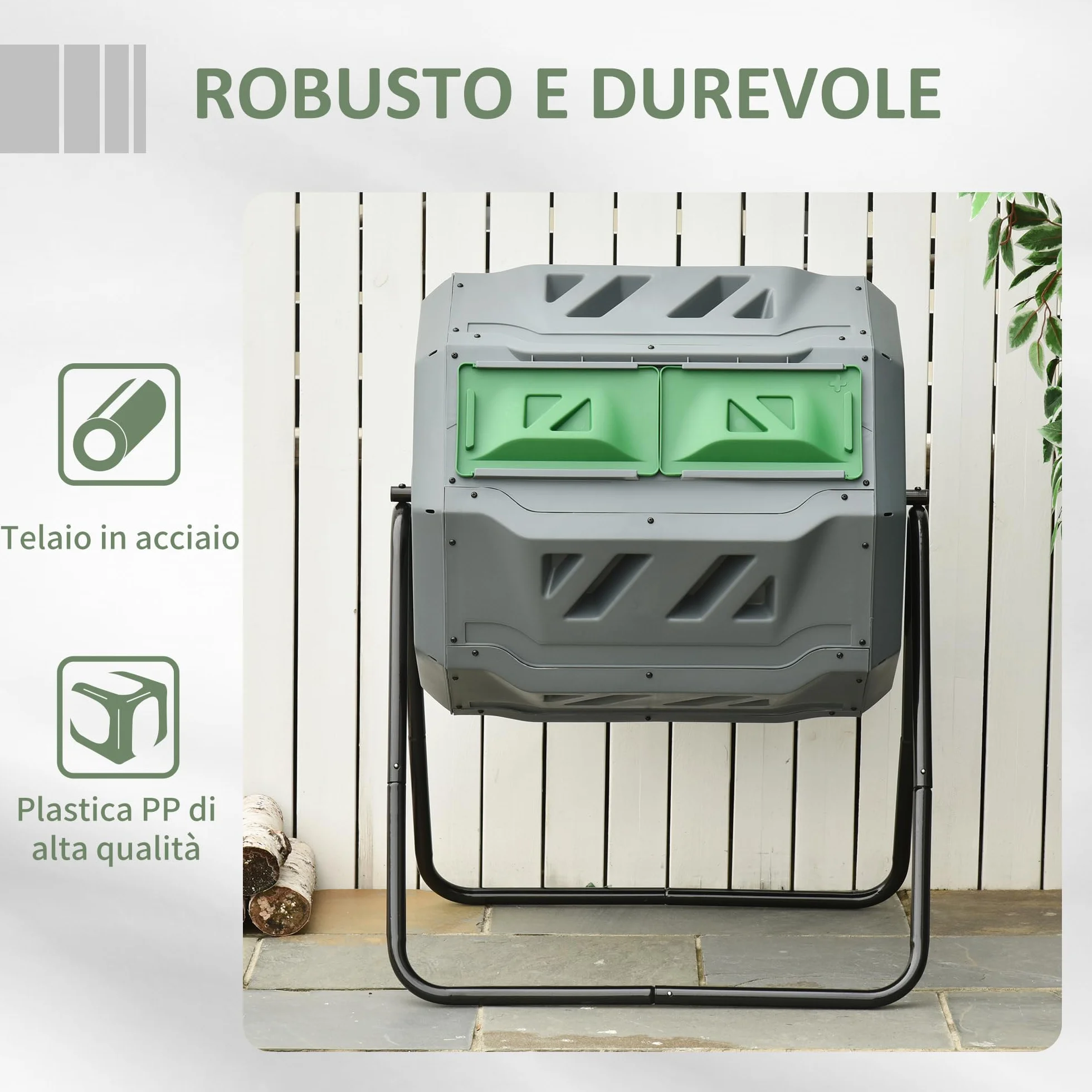 Outsunny Compostiera da Giardino Girevole 2 Sezioni 8 Prese d'Aria Acciaio PP 160 L 71x65x96 cm Grigio