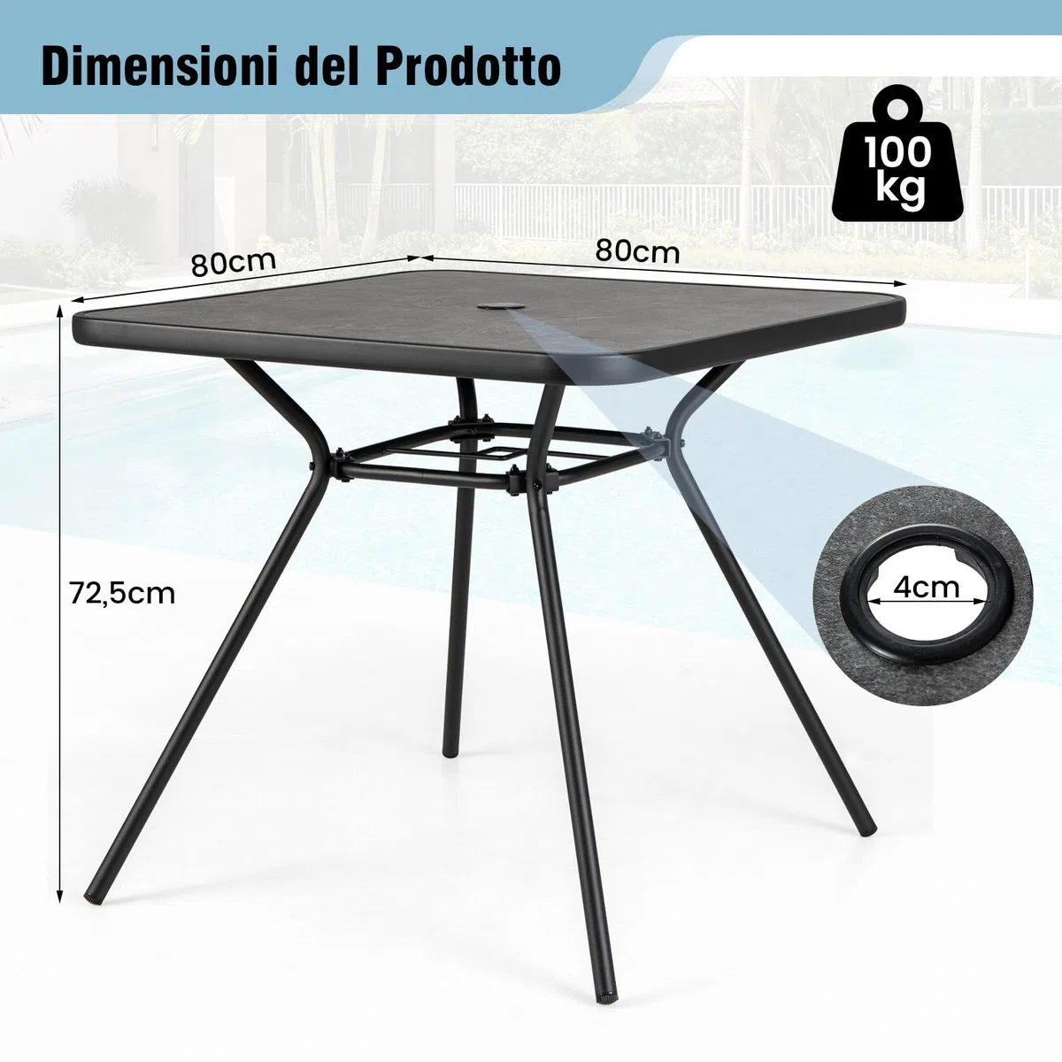 RELAX4LIFE Tavolo da Giardino 80x80x73cm SPC Metallo Foro Ombrellone φ4cm Portata 100KG
