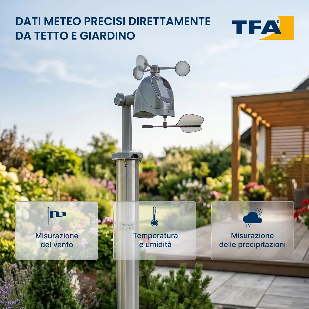 TFA Dostmann stazione meteo Weather Pro, 35.1161.01, con pluviometro, anemometro e sensore esterno, previsioni del tempo, radiocontrollata, temperatura e umidità, pressione atmosferica, nero