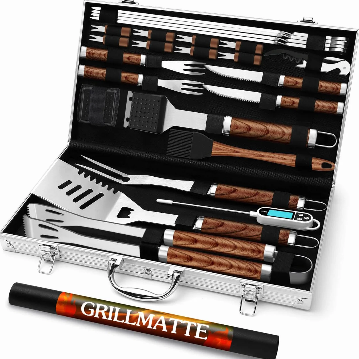 Grilliance Set di 26 accessori per barbecue in acciaio inox di alta qualità, set di posate da barbecue, perfetto come regalo per uomini, con valigetta portatile e termometro per carne, colore marrone