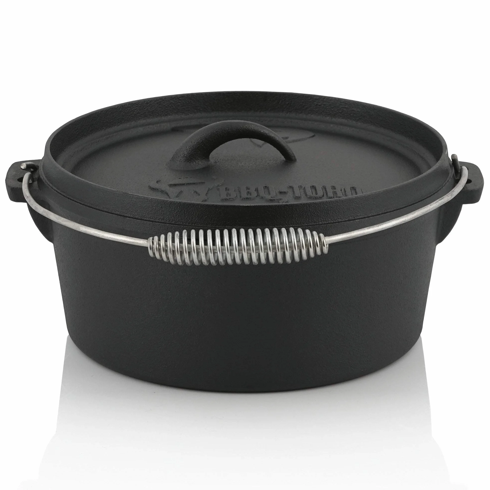 BBQ-TORO Dutch Oven Set in Scatola di Legno | ghisa - già Cotto | Ferro per cialde, casseruola, Padella per grigliate, Piastra per grigliate, griglia impilabile, sottopentola (10 Pezzi)